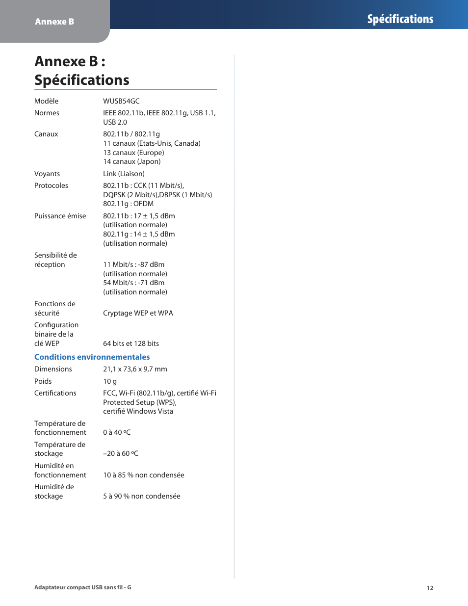 Annexe b : spécifications, Spécifications | Linksys WUSB54GC User Manual | Page 157 / 324