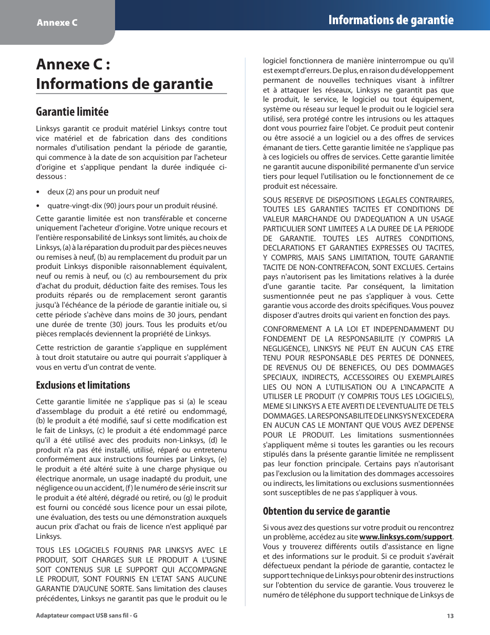Annexe c : informations de garantie, Garantie limitée, Informations de garantie | Exclusions et limitations, Obtention du service de garantie | Linksys WUSB54GC User Manual | Page 158 / 324