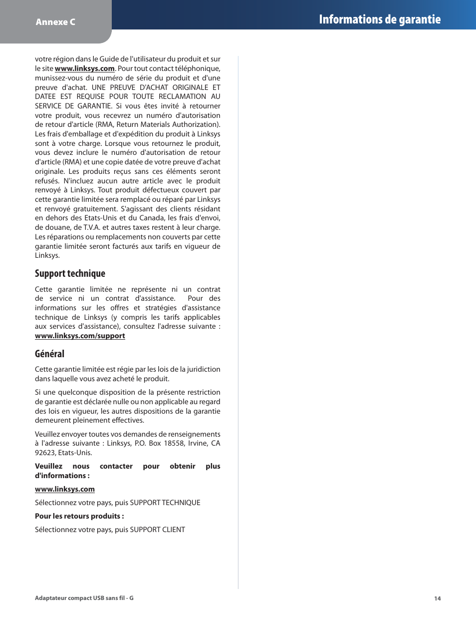 Informations de garantie, Support technique, Général | Linksys WUSB54GC User Manual | Page 159 / 324