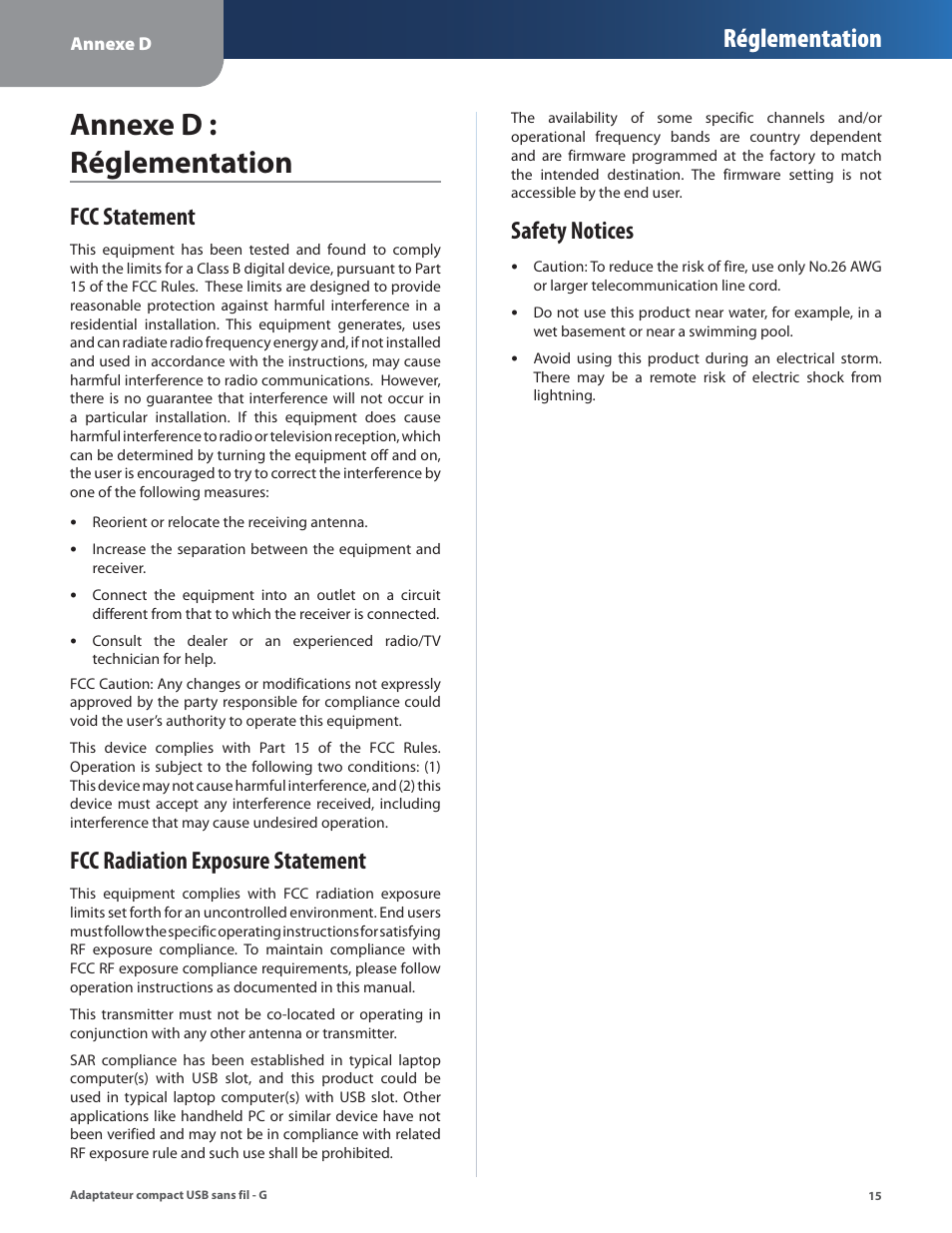 Annexe d : réglementation, Fcc statement, Fcc radiation exposure statement | Safety notices, Réglementation | Linksys WUSB54GC User Manual | Page 160 / 324