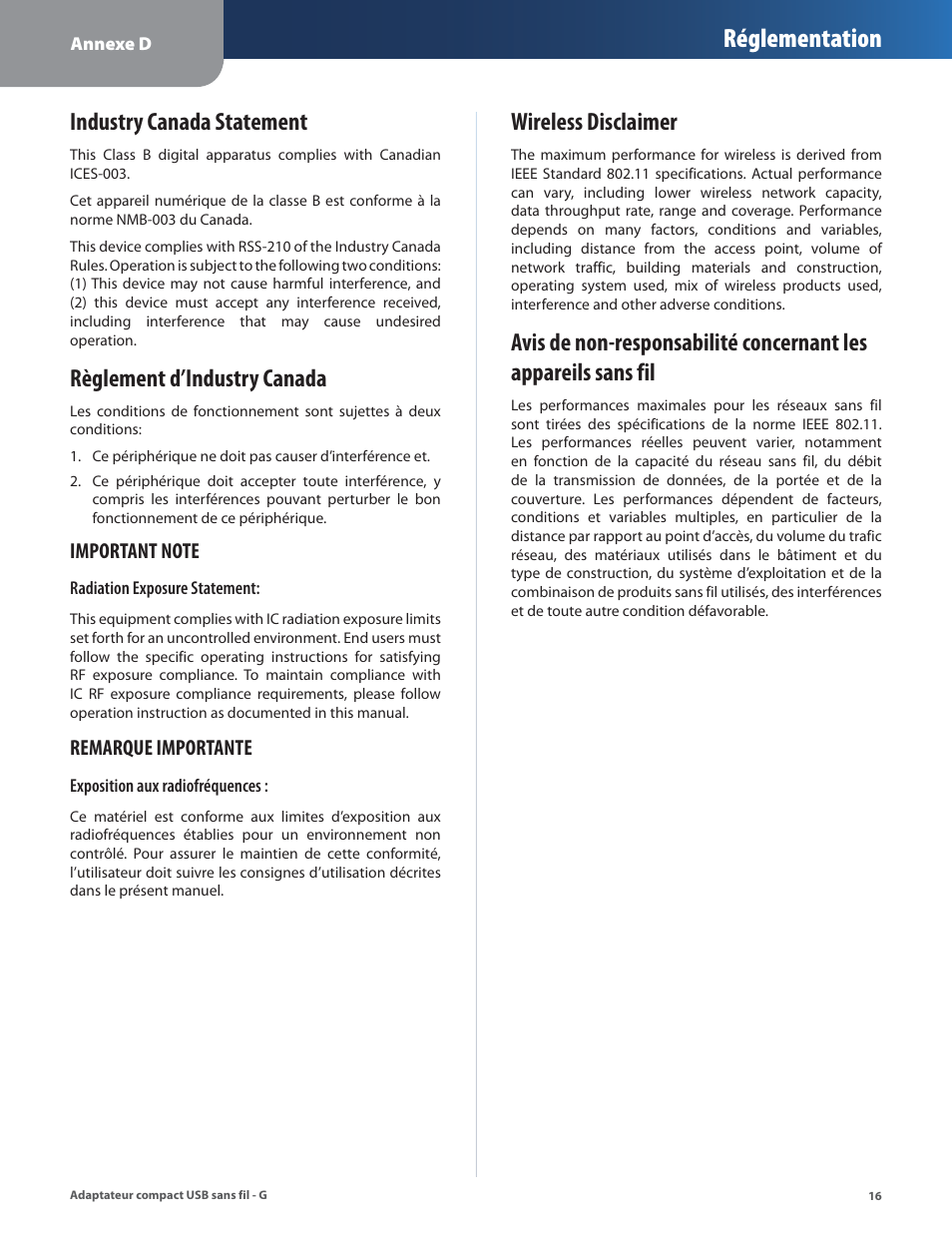 Industry canada statement, Règlement d’industry canada, Wireless disclaimer | Réglementation | Linksys WUSB54GC User Manual | Page 161 / 324