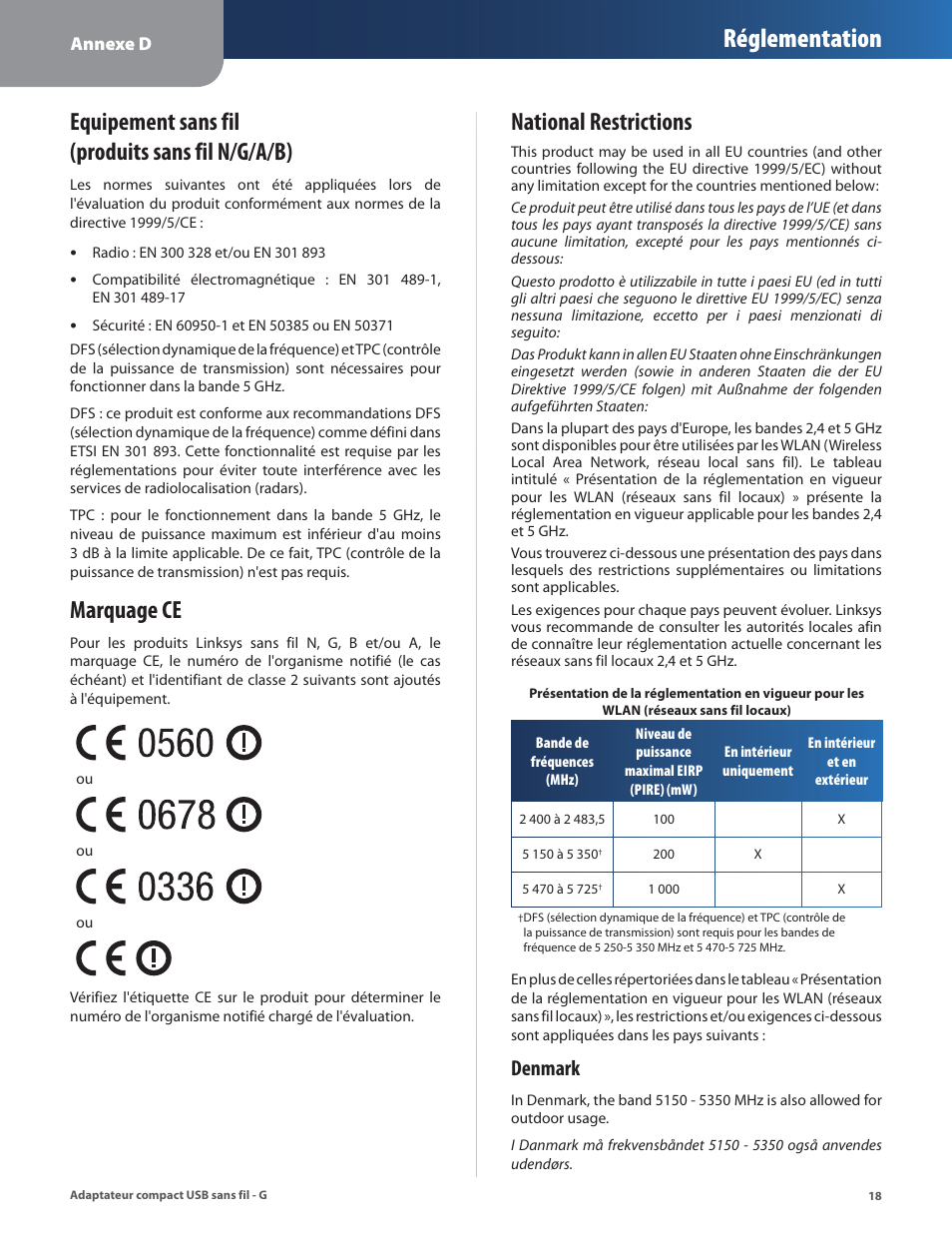 Equipement sans fil (produits sans fil n/g/a/b), Marquage ce, National restrictions | Réglementation, Denmark | Linksys WUSB54GC User Manual | Page 163 / 324