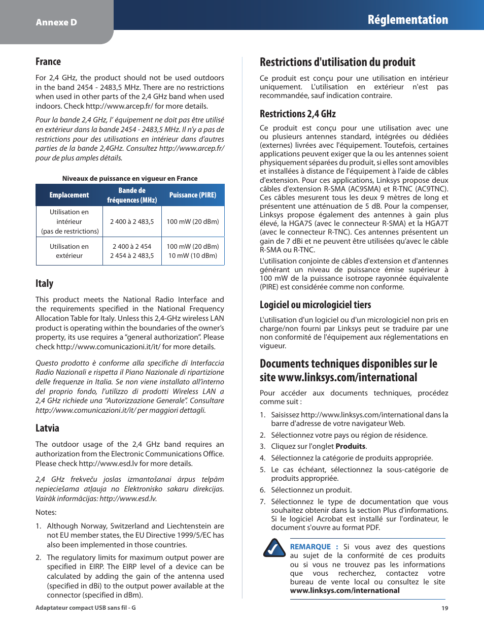 Restrictions d'utilisation du produit, Réglementation, France | Italy, Latvia, Restrictions 2,4 ghz, Logiciel ou micrologiciel tiers | Linksys WUSB54GC User Manual | Page 164 / 324