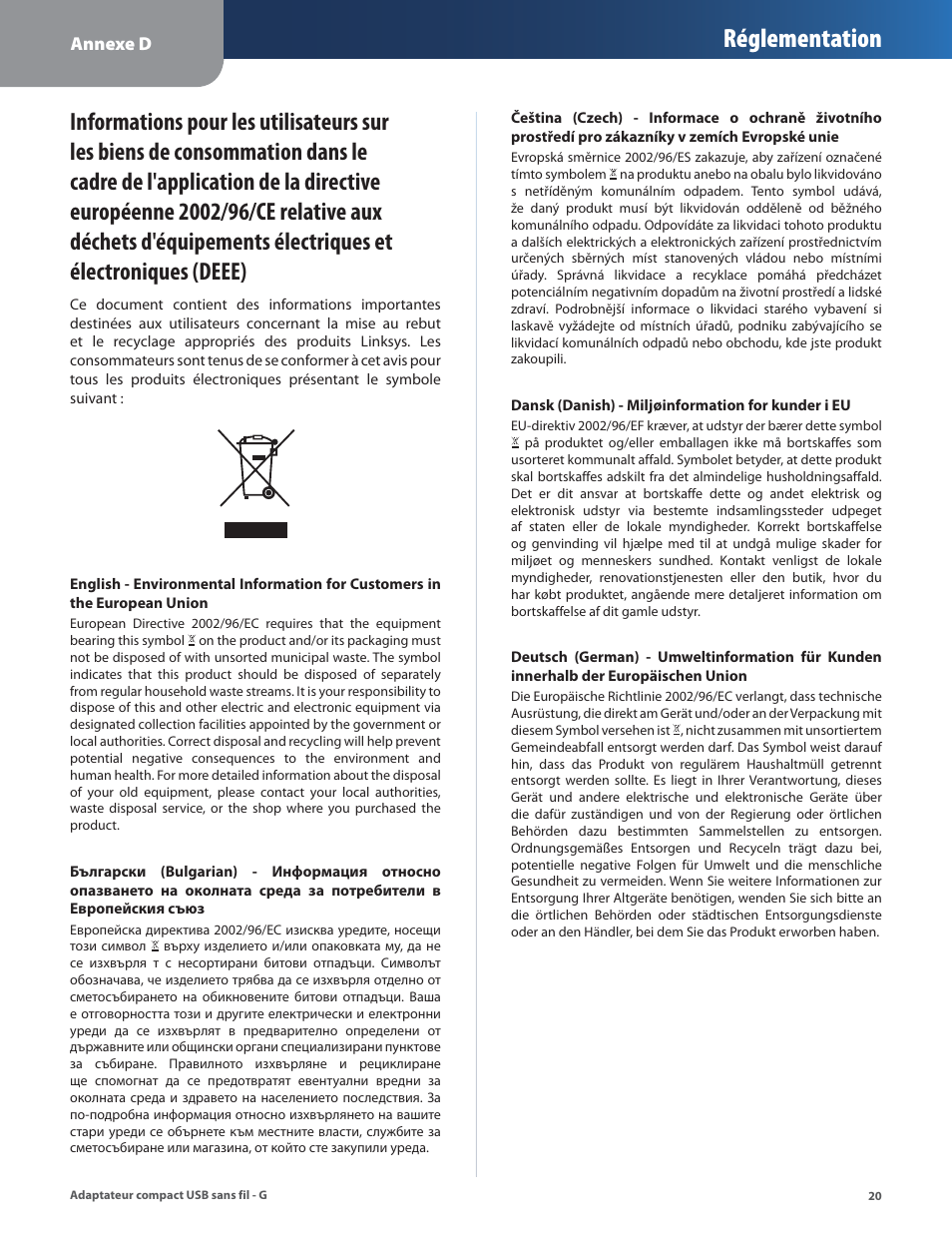 Réglementation | Linksys WUSB54GC User Manual | Page 165 / 324