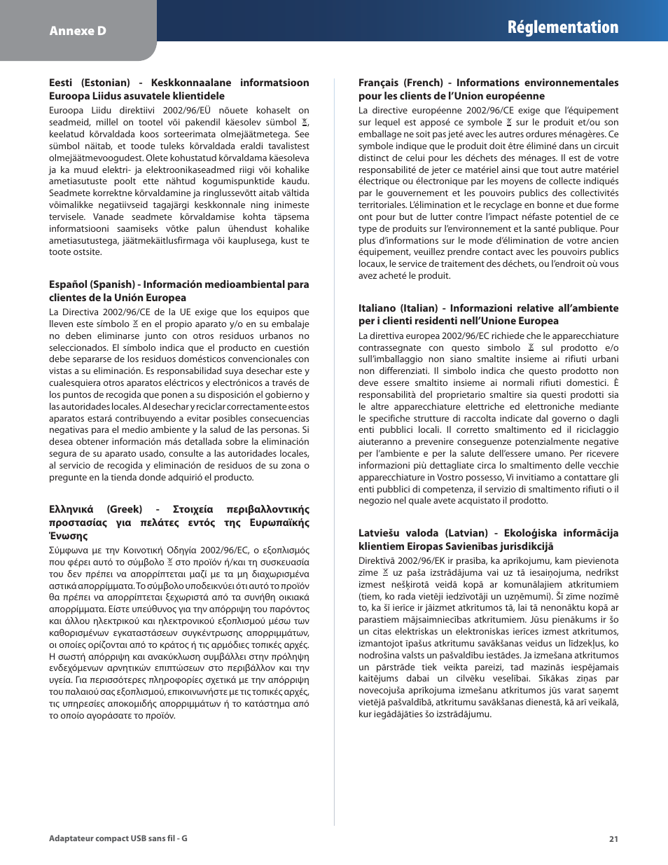 Réglementation | Linksys WUSB54GC User Manual | Page 166 / 324