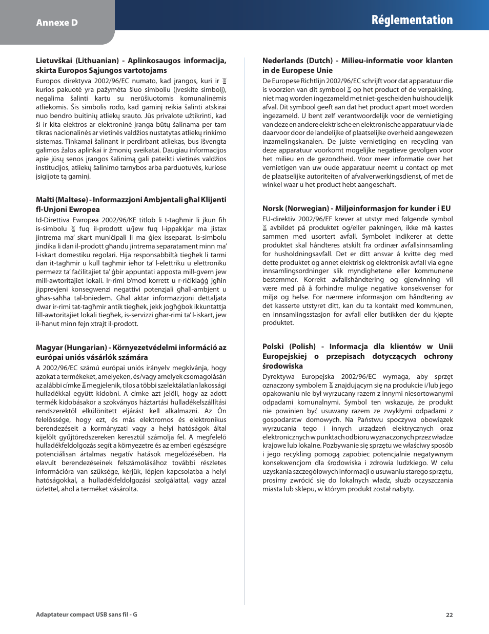 Réglementation | Linksys WUSB54GC User Manual | Page 167 / 324