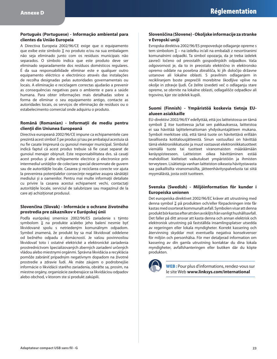 Réglementation | Linksys WUSB54GC User Manual | Page 168 / 324
