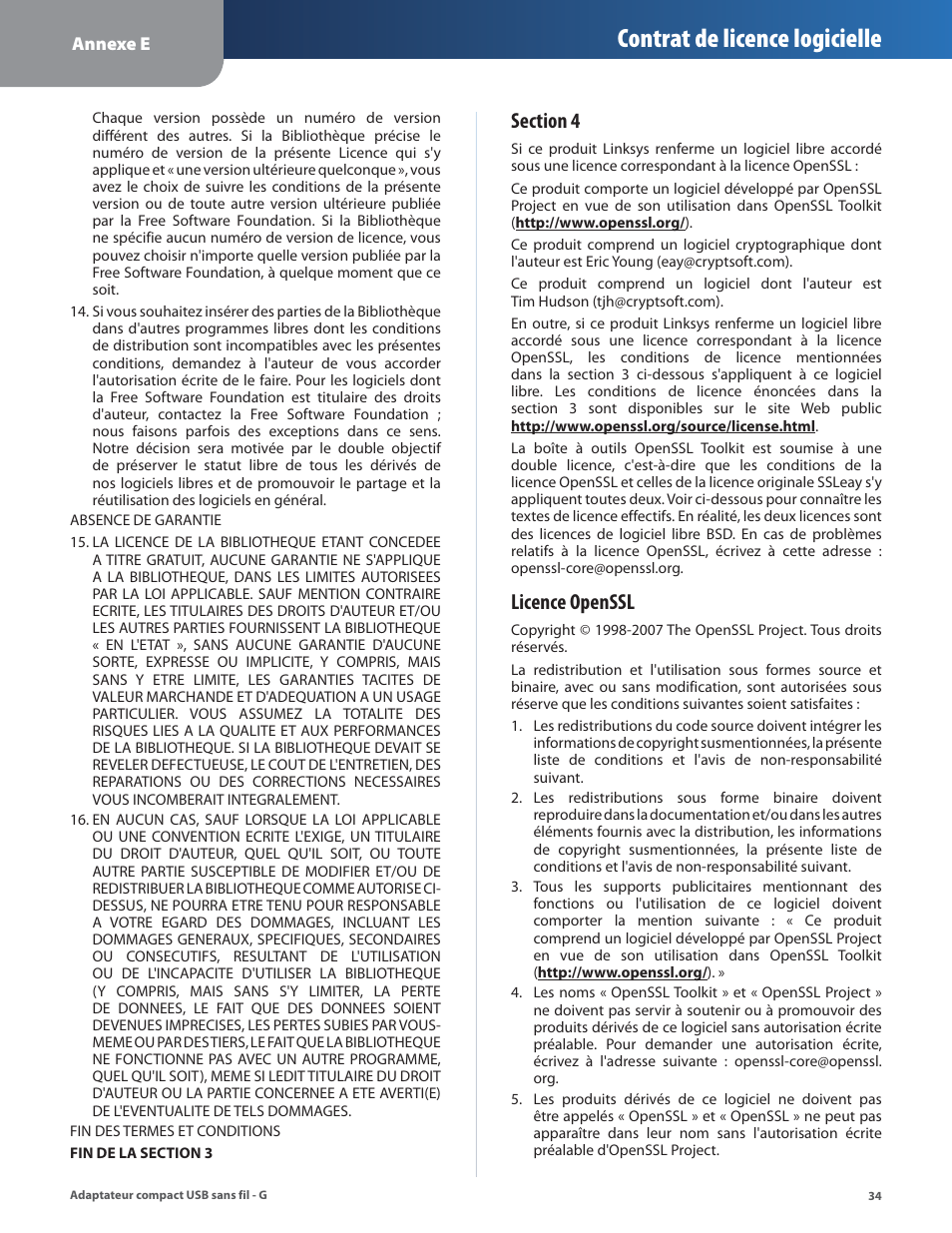 Contrat de licence logicielle, Licence openssl | Linksys WUSB54GC User Manual | Page 179 / 324