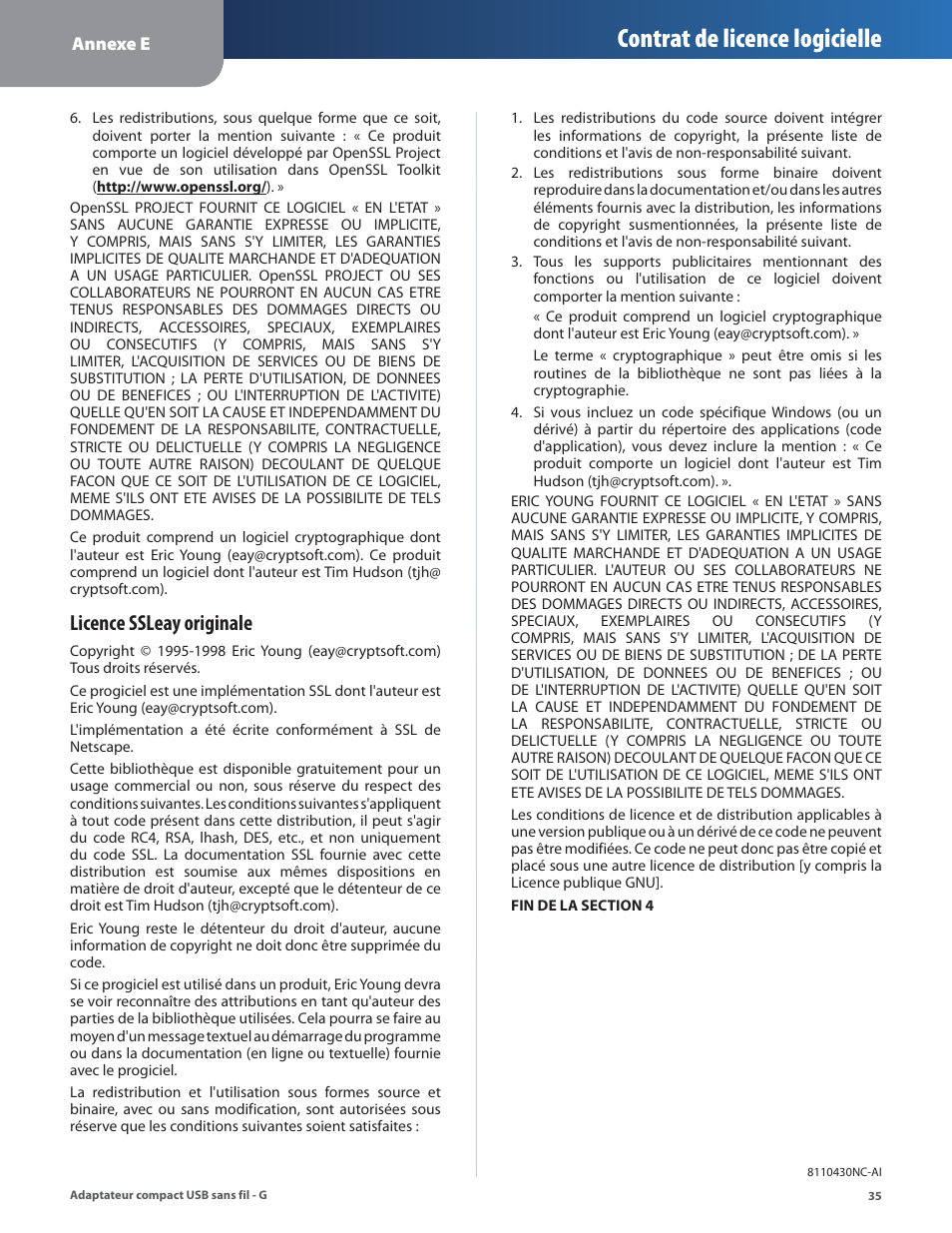 Contrat de licence logicielle, Licence ssleay originale | Linksys WUSB54GC User Manual | Page 180 / 324
