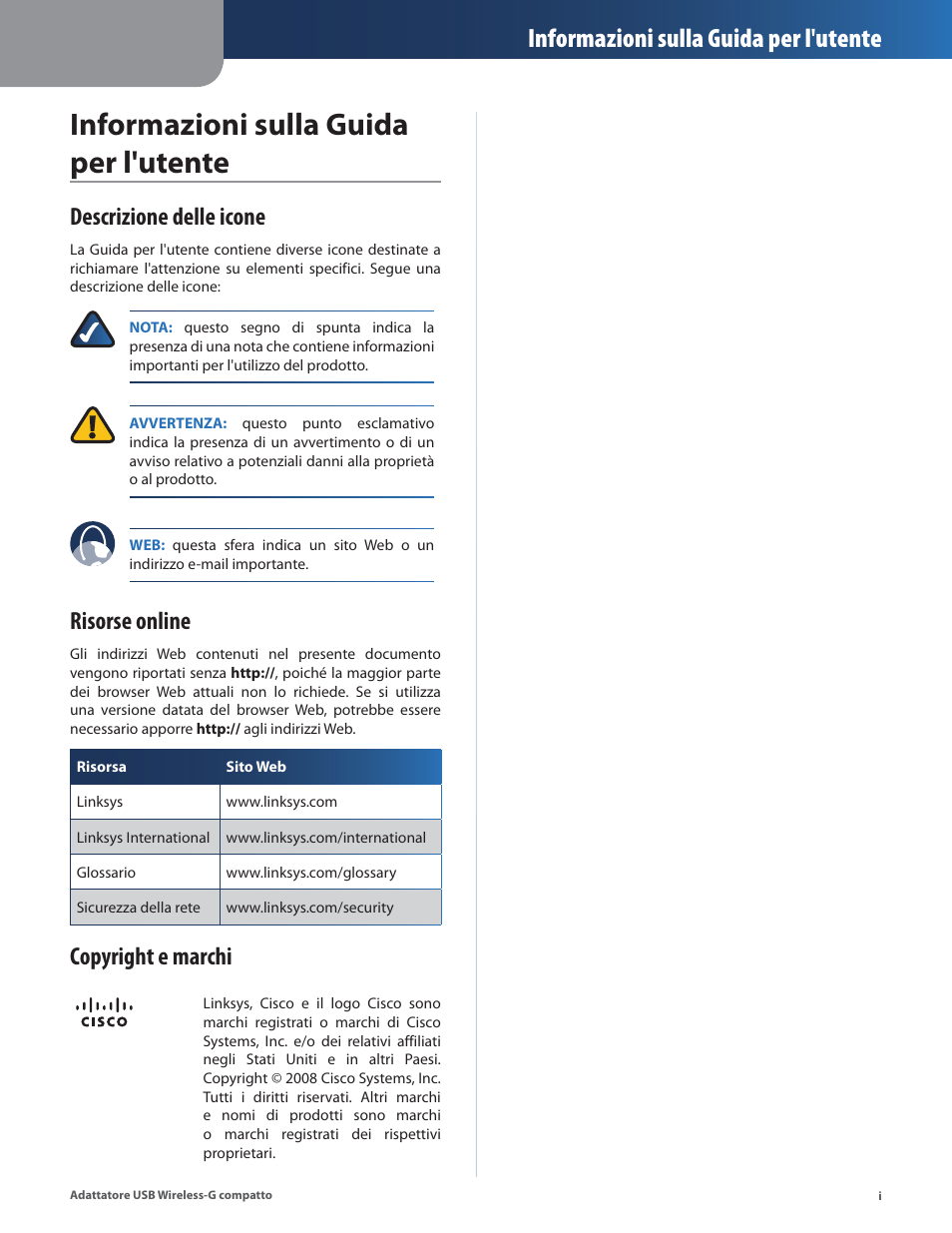 Informazioni sulla guida per l'utente, Descrizione delle icone, Risorse online | Copyright e marchi | Linksys WUSB54GC User Manual | Page 182 / 324