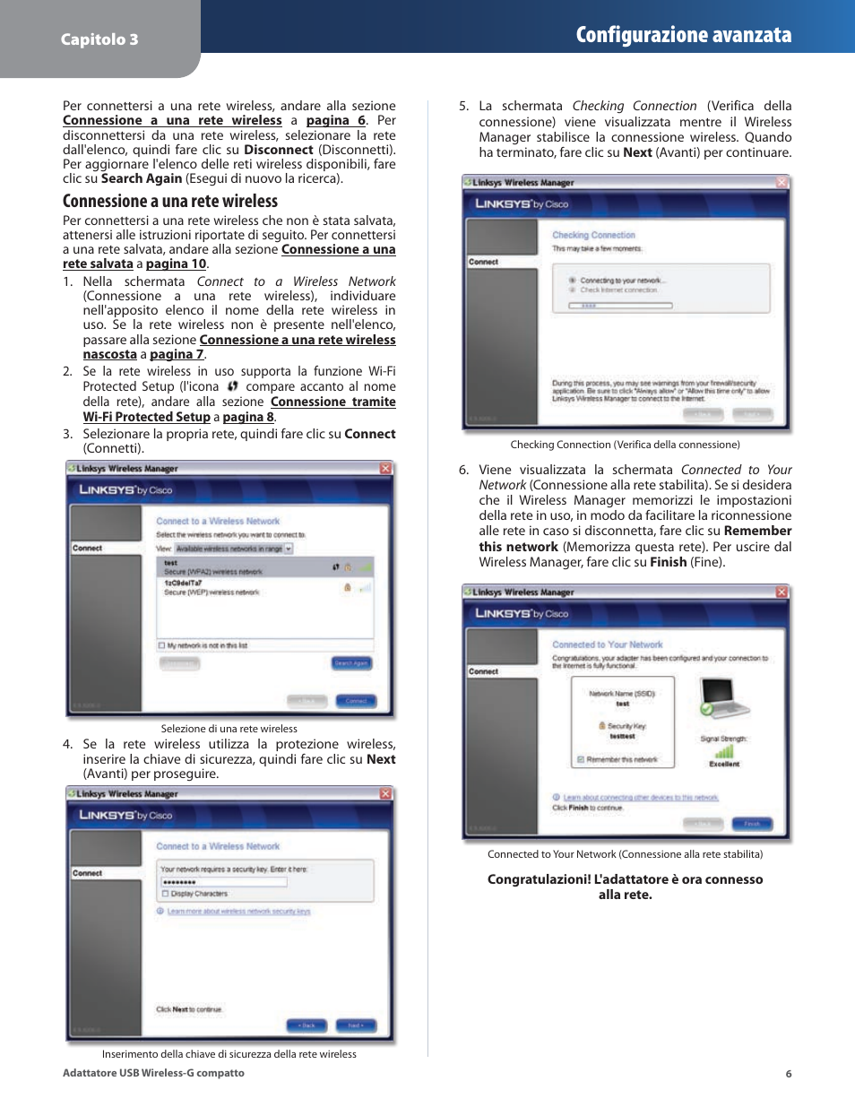 Configurazione avanzata, Connessione a una rete wireless | Linksys WUSB54GC User Manual | Page 187 / 324