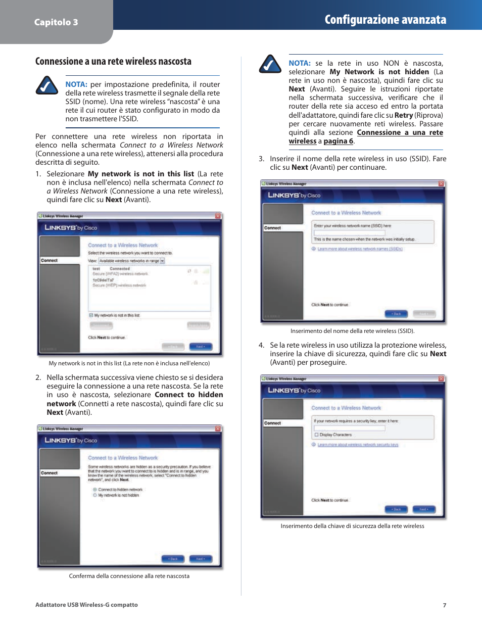 Configurazione avanzata, Connessione a una rete wireless nascosta | Linksys WUSB54GC User Manual | Page 188 / 324