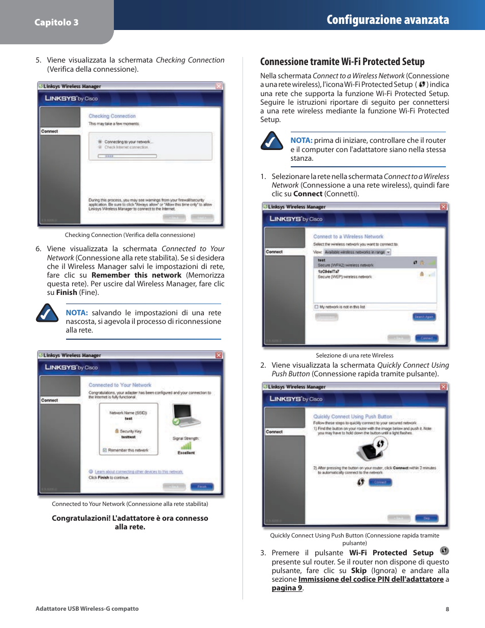 Configurazione avanzata, Connessione tramite wi-fi protected setup | Linksys WUSB54GC User Manual | Page 189 / 324