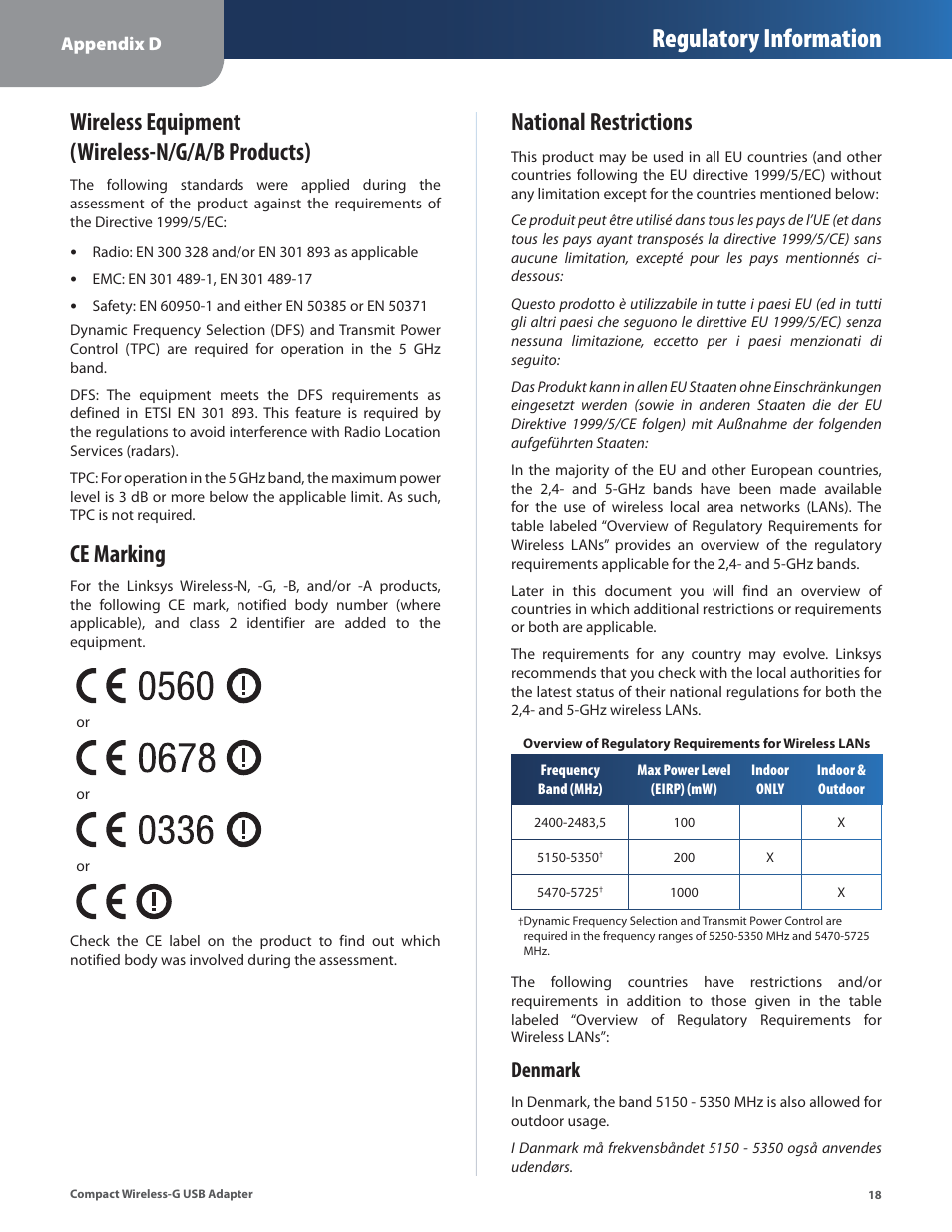 Wireless equipment (wireless-n/g/a/b products), Ce marking, National restrictions | Regulatory information, Denmark | Linksys WUSB54GC User Manual | Page 19 / 324