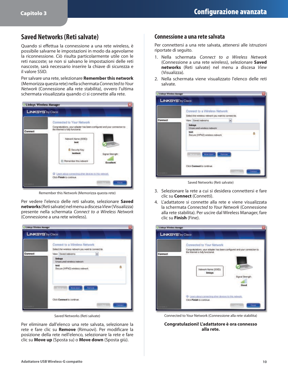 Saved networks (reti salvate), Configurazione avanzata, Connessione a una rete salvata | Linksys WUSB54GC User Manual | Page 191 / 324