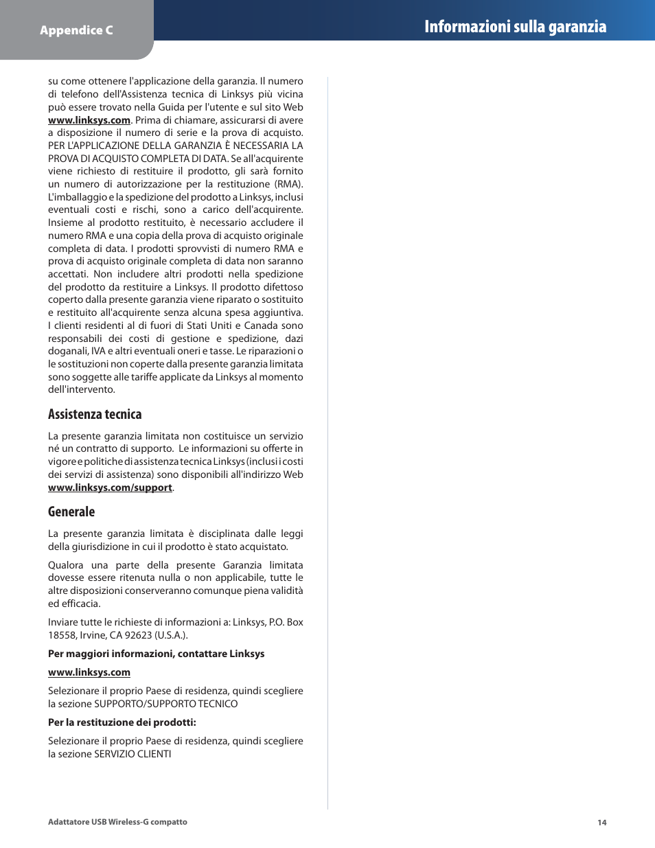 Informazioni sulla garanzia, Assistenza tecnica, Generale | Linksys WUSB54GC User Manual | Page 195 / 324