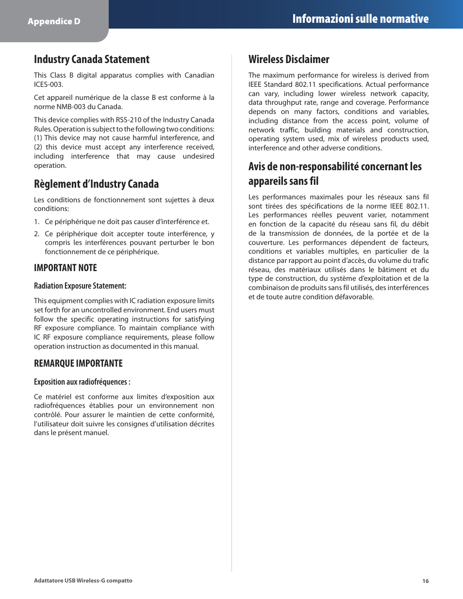Industry canada statement, Règlement d’industry canada, Wireless disclaimer | Informazioni sulle normative | Linksys WUSB54GC User Manual | Page 197 / 324