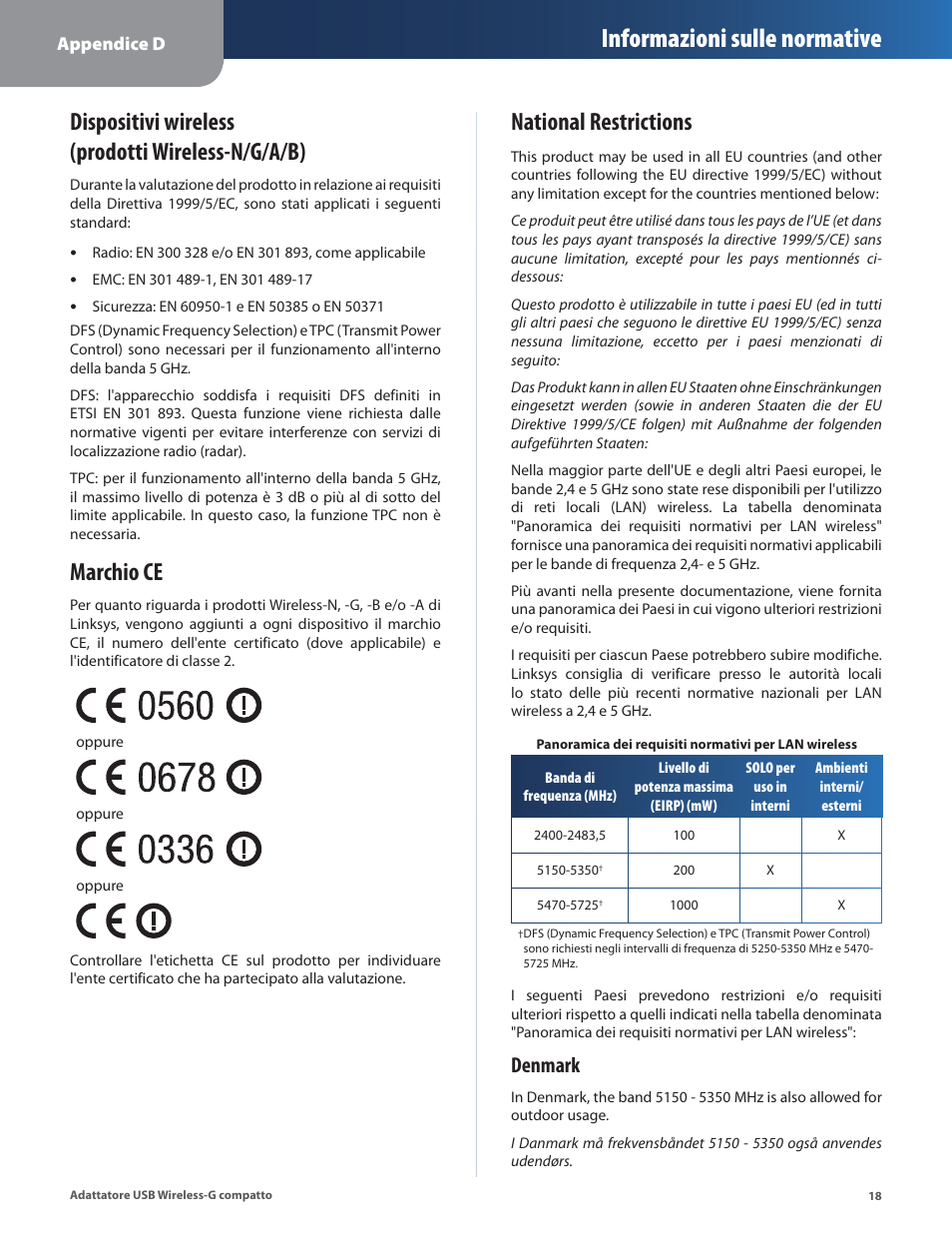Dispositivi wireless (prodotti wireless-n/g/a/b), Marchio ce, National restrictions | Informazioni sulle normative, Denmark | Linksys WUSB54GC User Manual | Page 199 / 324