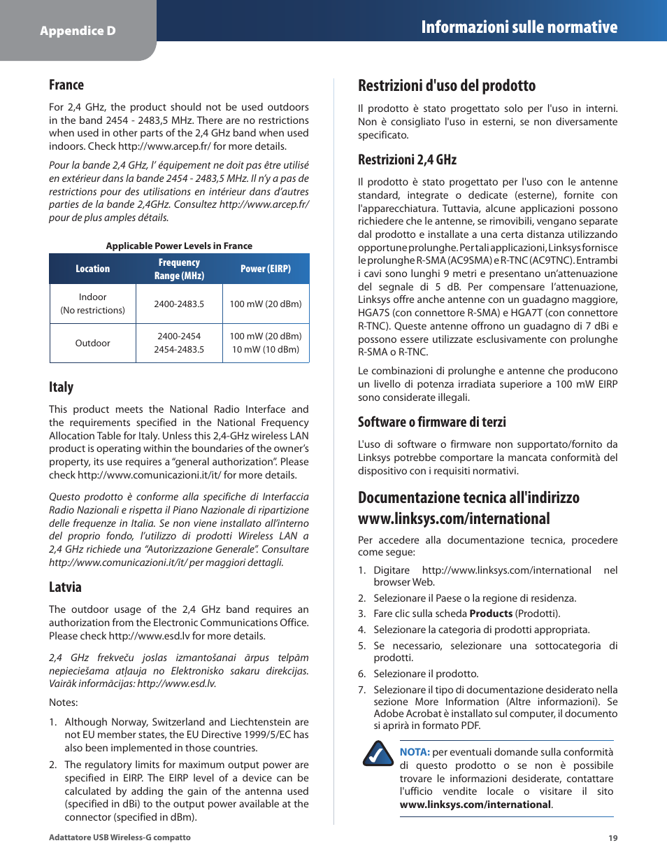 Restrizioni d'uso del prodotto, Informazioni sulle normative, France | Italy, Latvia, Restrizioni 2,4 ghz, Software o firmware di terzi | Linksys WUSB54GC User Manual | Page 200 / 324