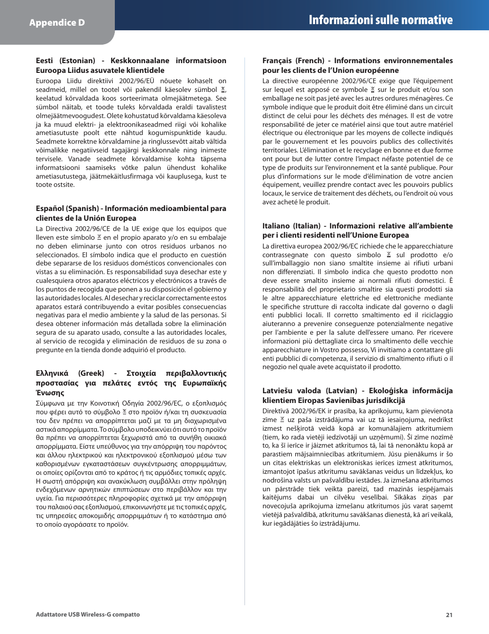 Informazioni sulle normative | Linksys WUSB54GC User Manual | Page 202 / 324