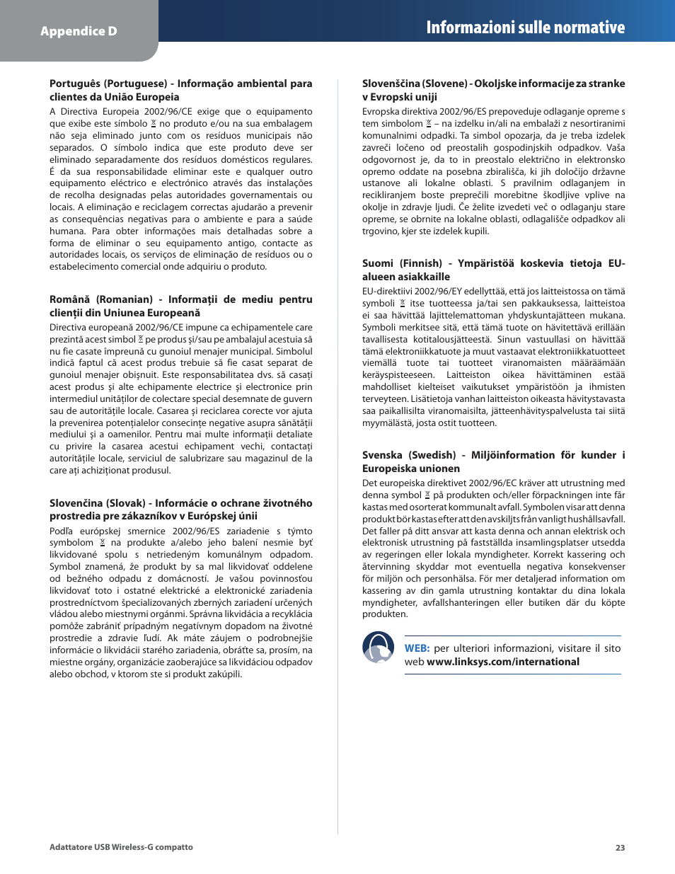 Informazioni sulle normative | Linksys WUSB54GC User Manual | Page 204 / 324