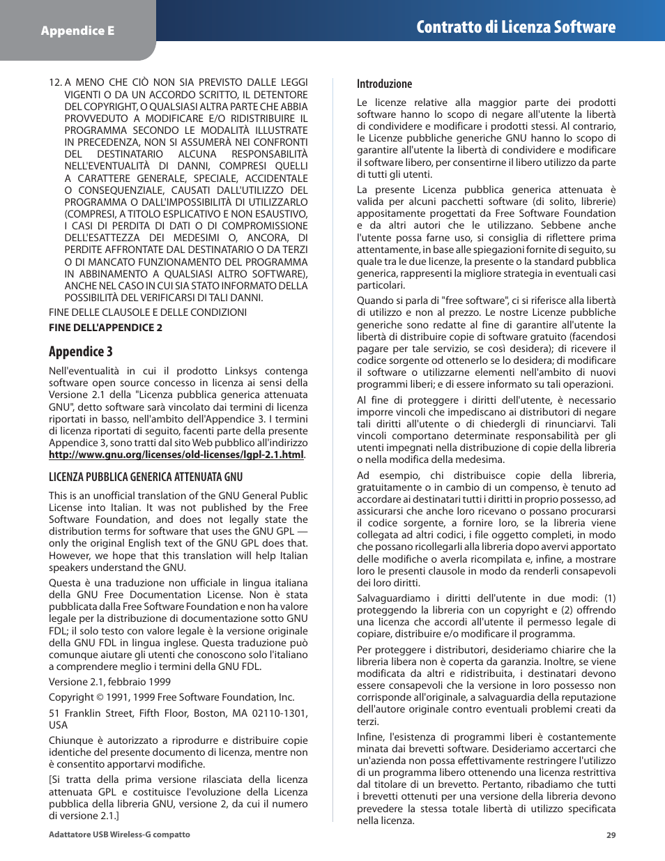 Contratto di licenza software, Appendice 3 | Linksys WUSB54GC User Manual | Page 210 / 324