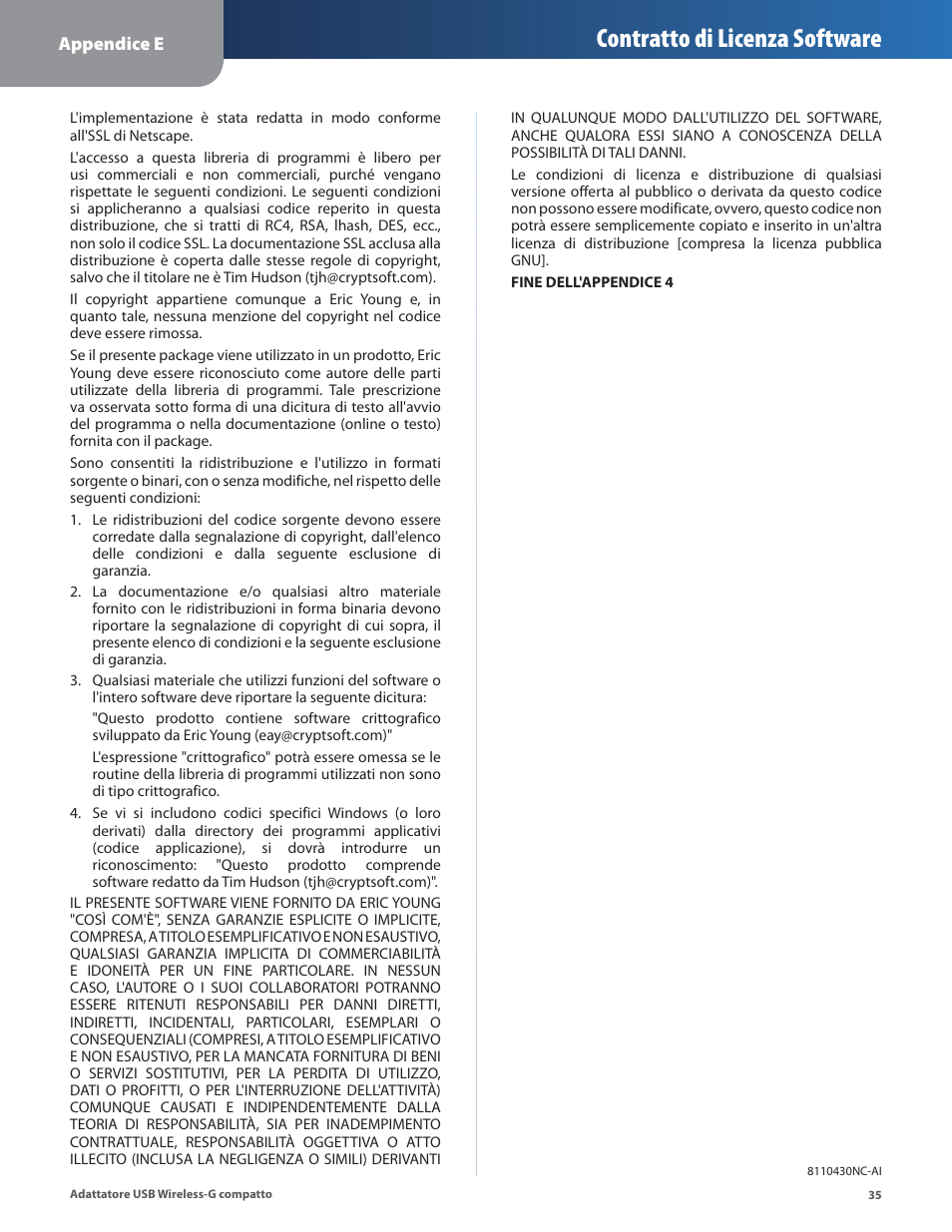 Contratto di licenza software | Linksys WUSB54GC User Manual | Page 216 / 324