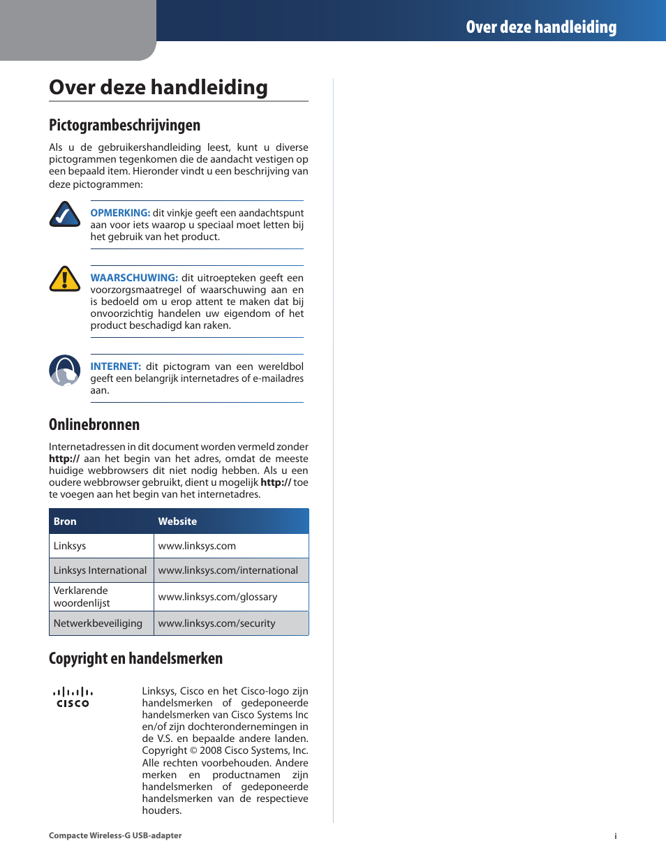 Over deze handleiding, Pictogrambeschrijvingen, Onlinebronnen | Copyright en handelsmerken | Linksys WUSB54GC User Manual | Page 218 / 324