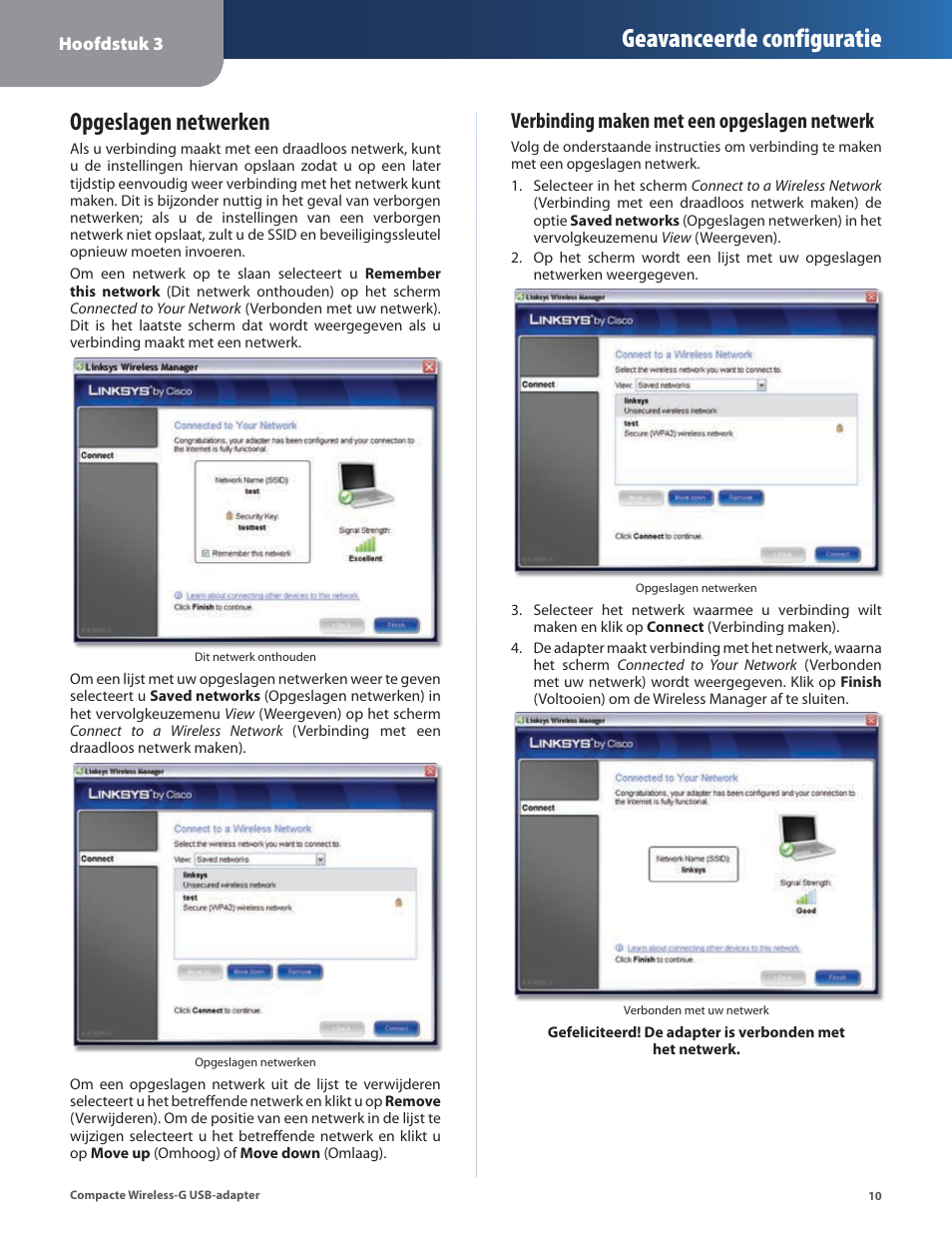Opgeslagen netwerken, Geavanceerde configuratie, Verbinding maken met een opgeslagen netwerk | Linksys WUSB54GC User Manual | Page 227 / 324