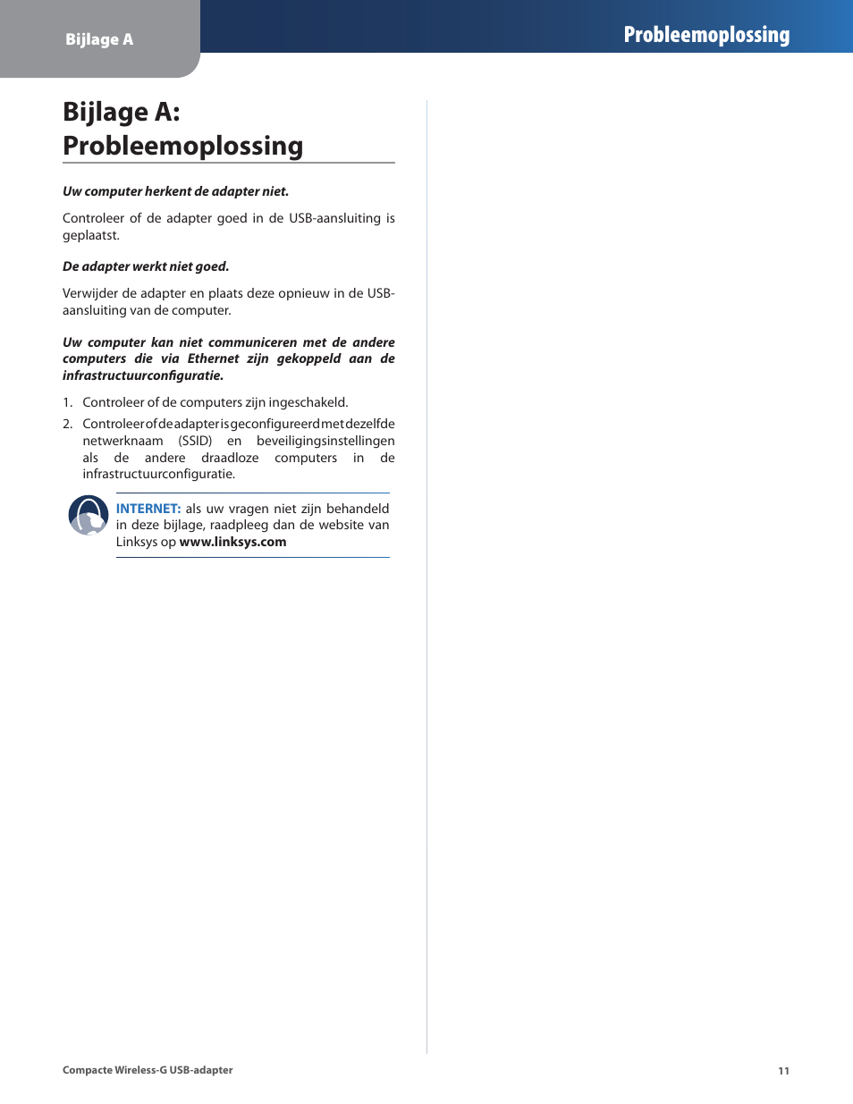 Bijlage a: probleemoplossing, Probleemoplossing | Linksys WUSB54GC User Manual | Page 228 / 324