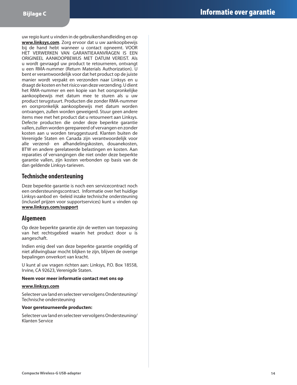 Informatie over garantie, Technische ondersteuning, Algemeen | Linksys WUSB54GC User Manual | Page 231 / 324