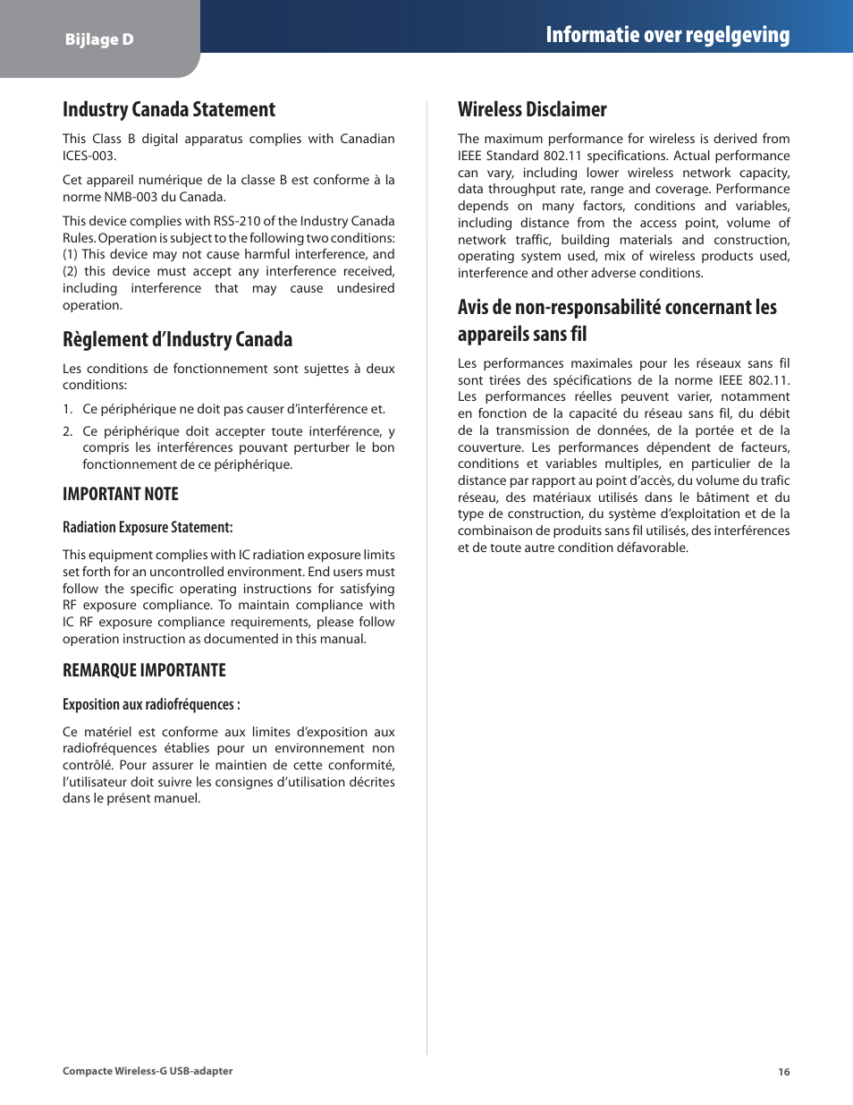 Industry canada statement, Règlement d’industry canada, Wireless disclaimer | Informatie over regelgeving | Linksys WUSB54GC User Manual | Page 233 / 324