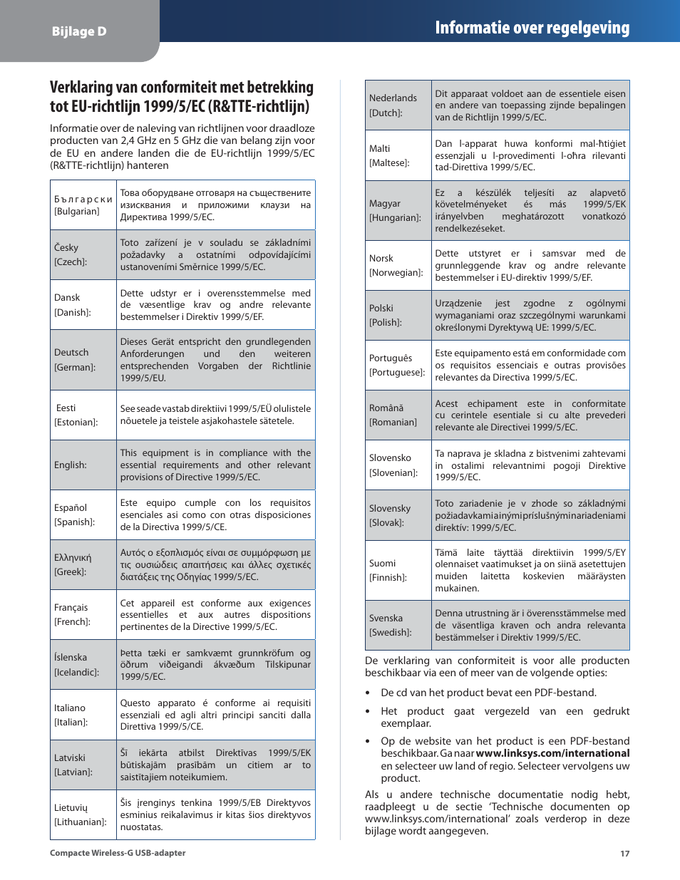 Informatie over regelgeving, Bijlage d | Linksys WUSB54GC User Manual | Page 234 / 324