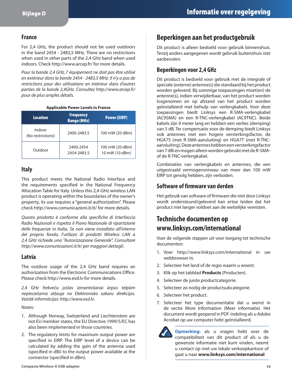 Beperkingen aan het productgebruik, Informatie over regelgeving, France | Italy, Latvia, Beperkingen voor 2,4 ghz, Software of firmware van derden | Linksys WUSB54GC User Manual | Page 236 / 324