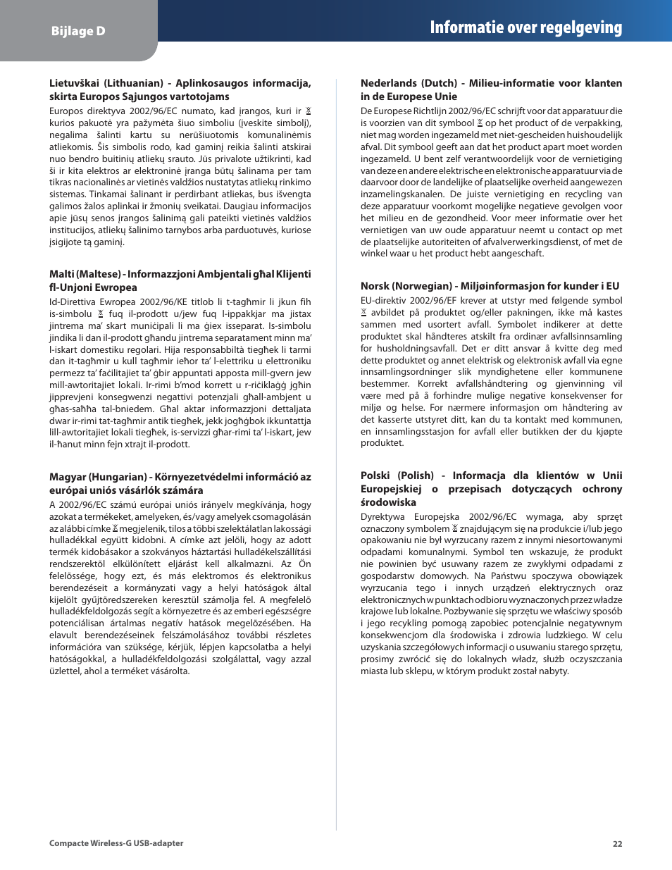 Informatie over regelgeving | Linksys WUSB54GC User Manual | Page 239 / 324