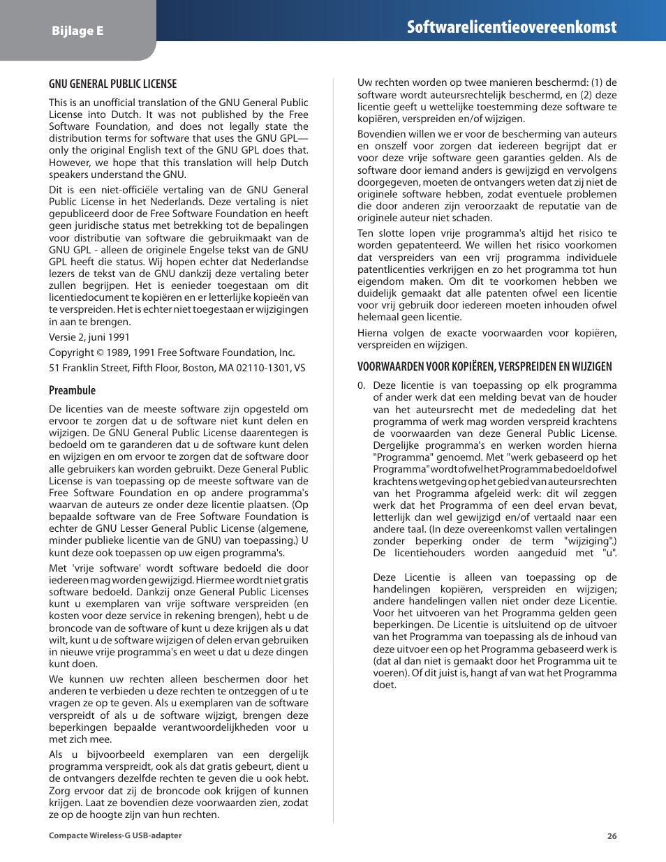 Softwarelicentieovereenkomst | Linksys WUSB54GC User Manual | Page 243 / 324