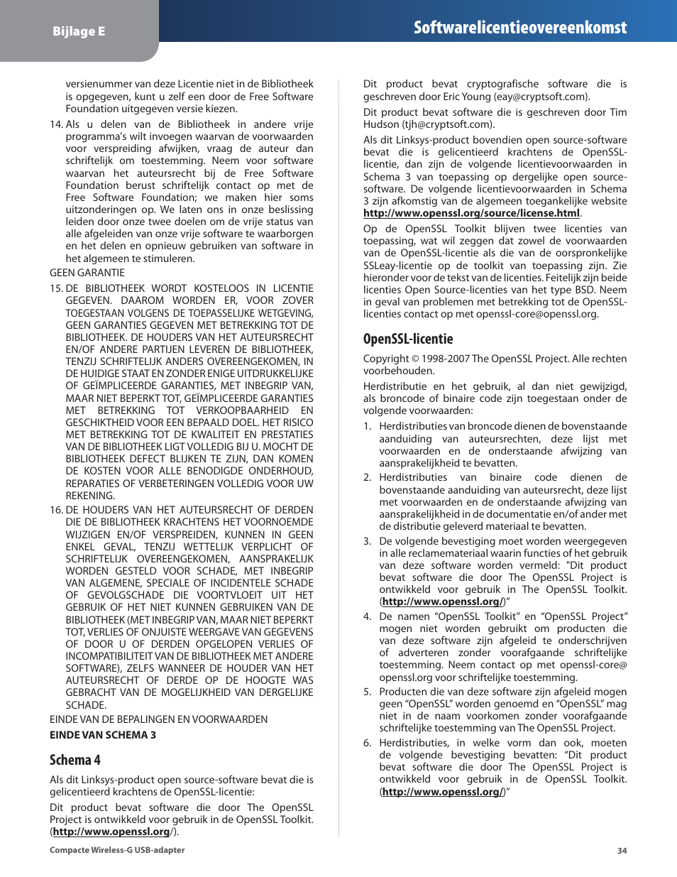 Softwarelicentieovereenkomst, Schema 4, Openssl-licentie | Linksys WUSB54GC User Manual | Page 251 / 324
