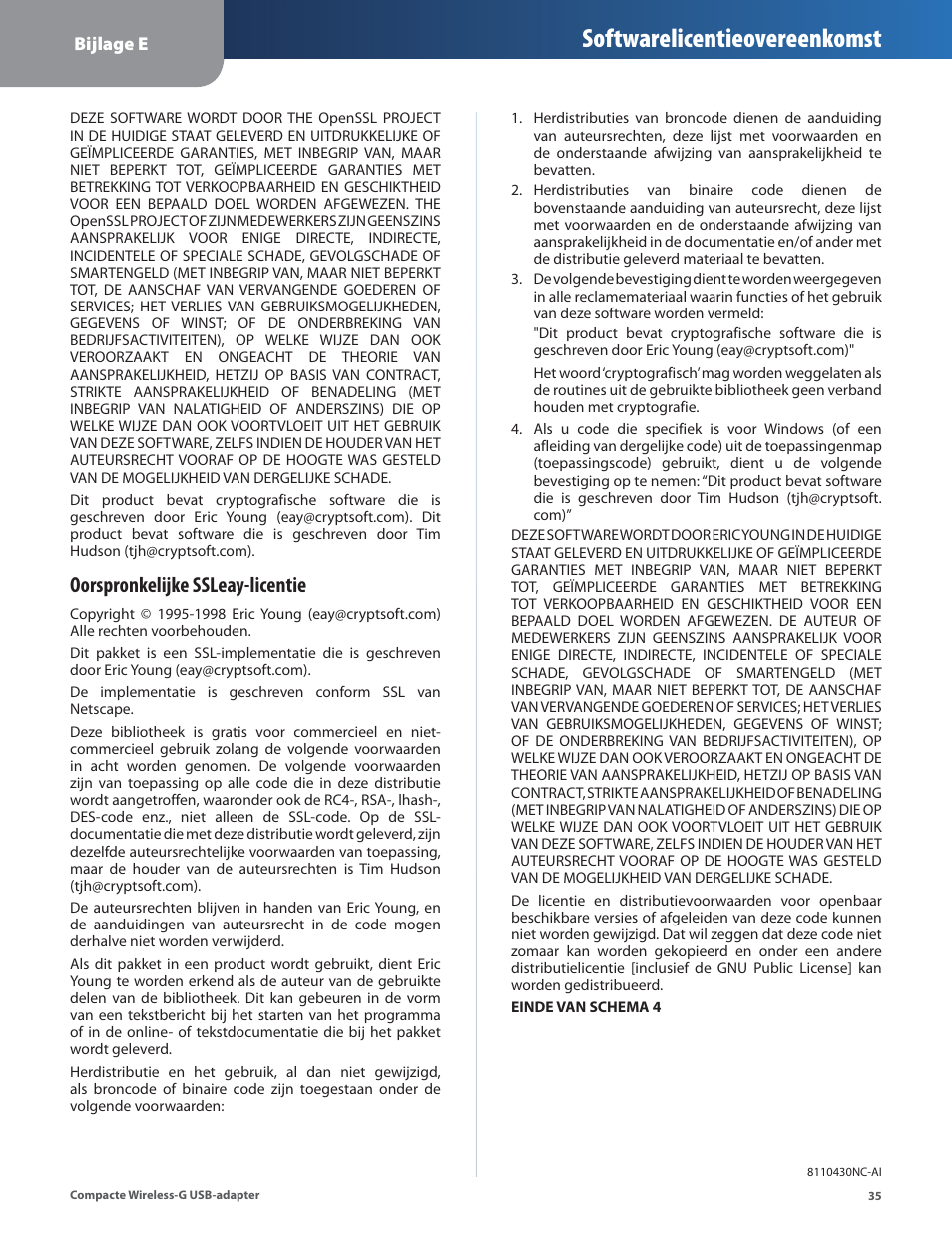 Softwarelicentieovereenkomst, Oorspronkelijke ssleay-licentie | Linksys WUSB54GC User Manual | Page 252 / 324