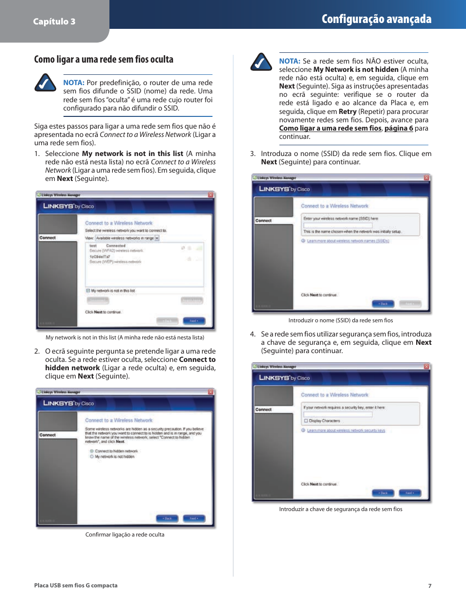 Configuração avançada, Como ligar a uma rede sem fios oculta | Linksys WUSB54GC User Manual | Page 260 / 324