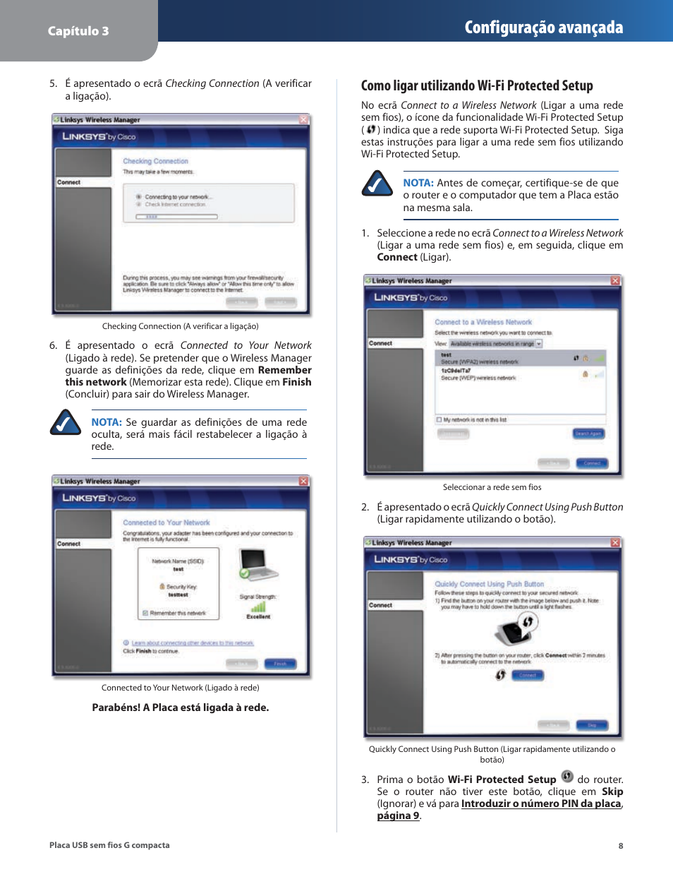 Configuração avançada, Como ligar utilizando wi-fi protected setup | Linksys WUSB54GC User Manual | Page 261 / 324