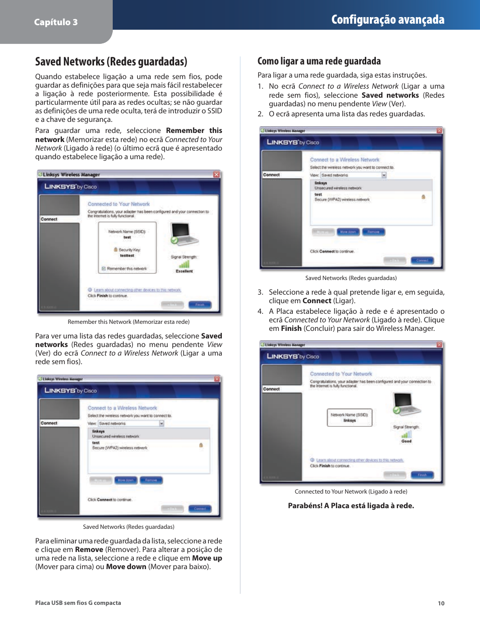 Saved networks (redes guardadas), Configuração avançada, Como ligar a uma rede guardada | Linksys WUSB54GC User Manual | Page 263 / 324