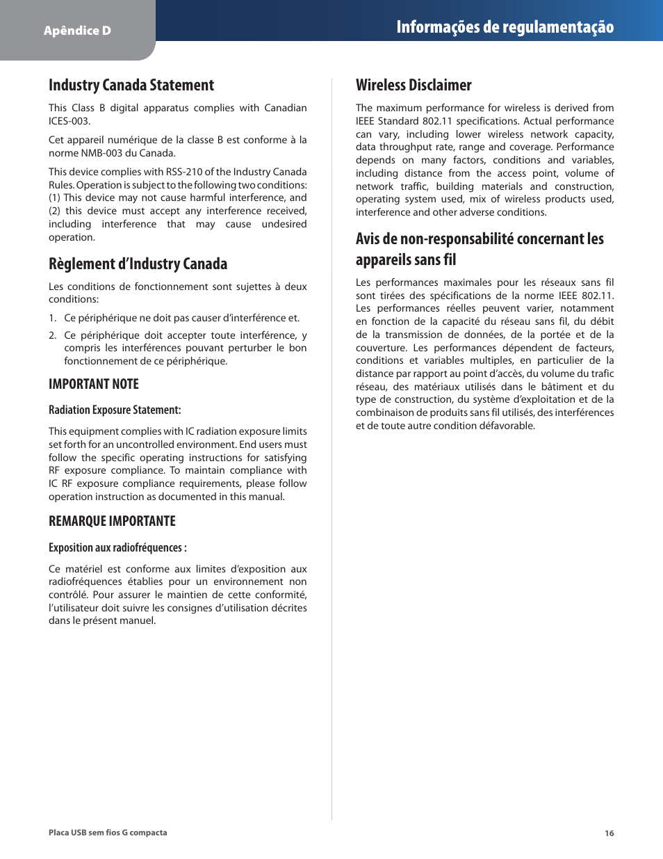 Industry canada statement, Règlement d’industry canada, Wireless disclaimer | Informações de regulamentação | Linksys WUSB54GC User Manual | Page 269 / 324