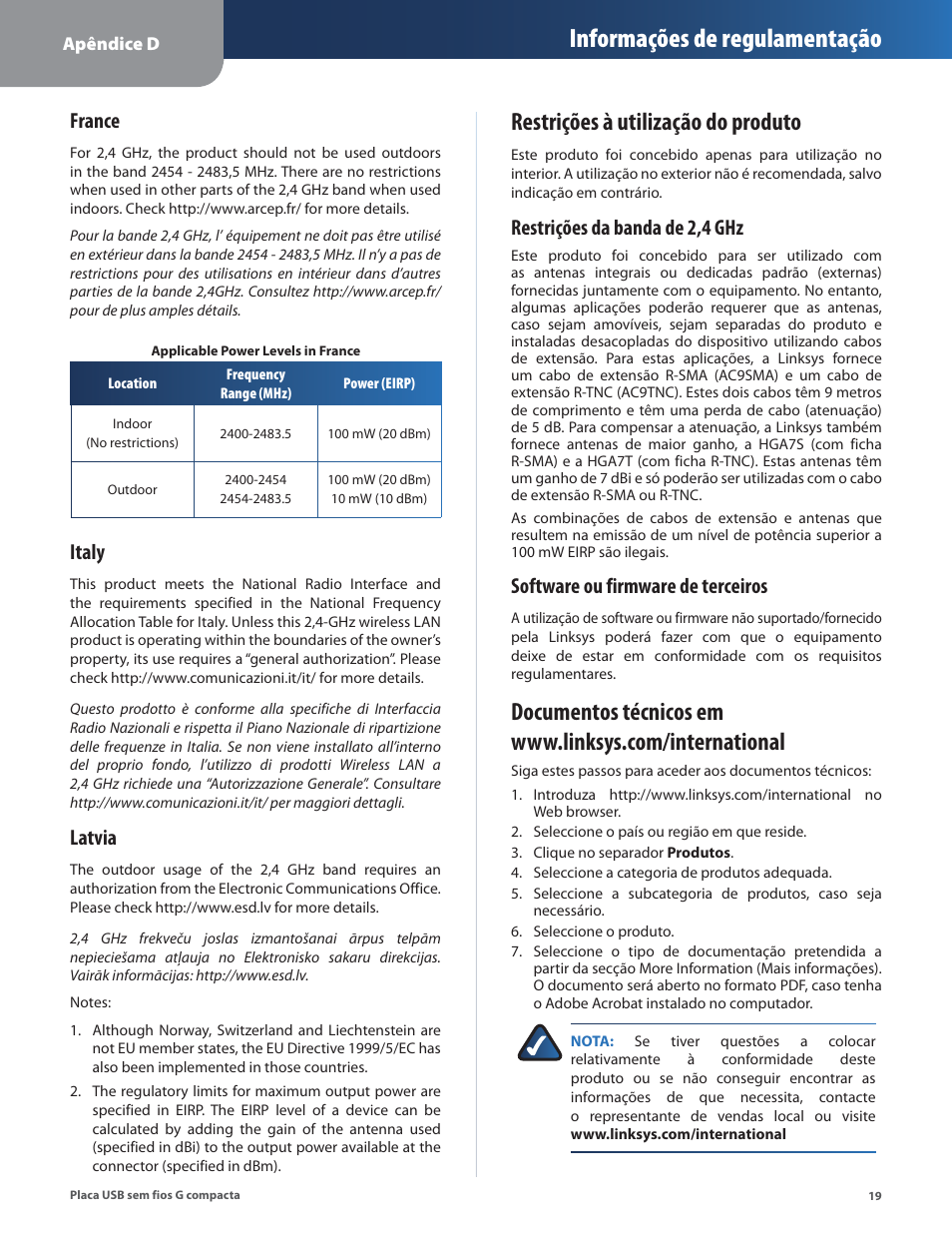 Restrições à utilização do produto, Informações de regulamentação, France | Italy, Latvia, Restrições da banda de 2,4 ghz, Software ou firmware de terceiros | Linksys WUSB54GC User Manual | Page 272 / 324
