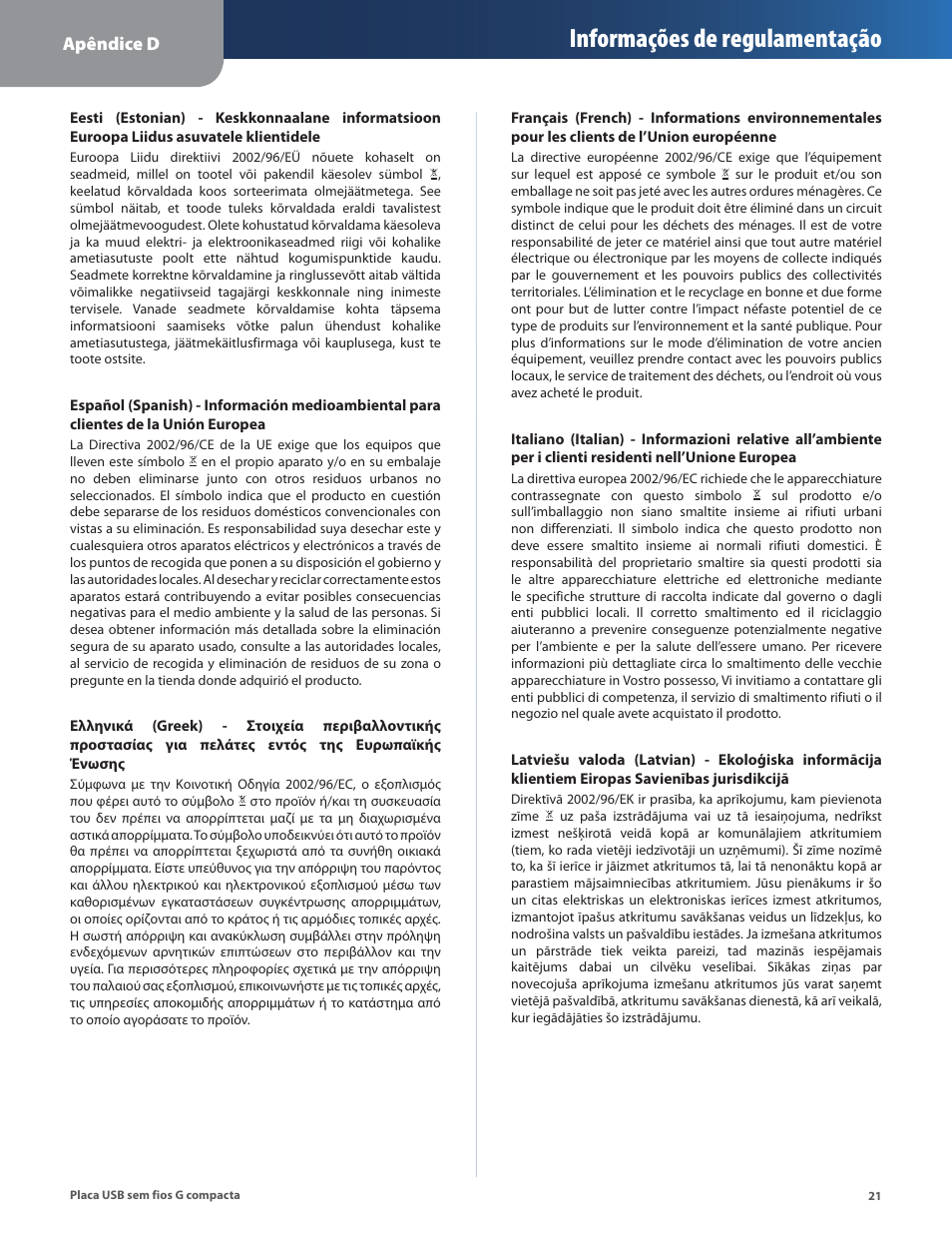Informações de regulamentação | Linksys WUSB54GC User Manual | Page 274 / 324
