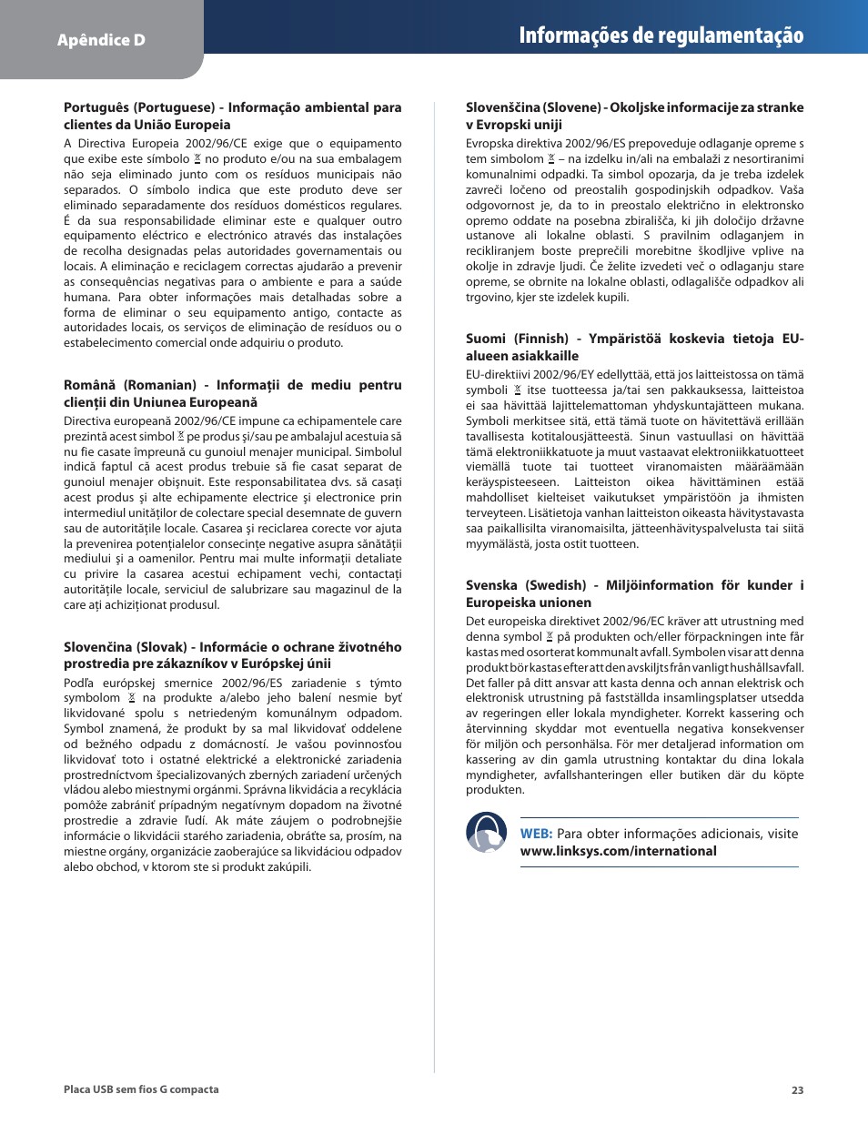 Informações de regulamentação | Linksys WUSB54GC User Manual | Page 276 / 324