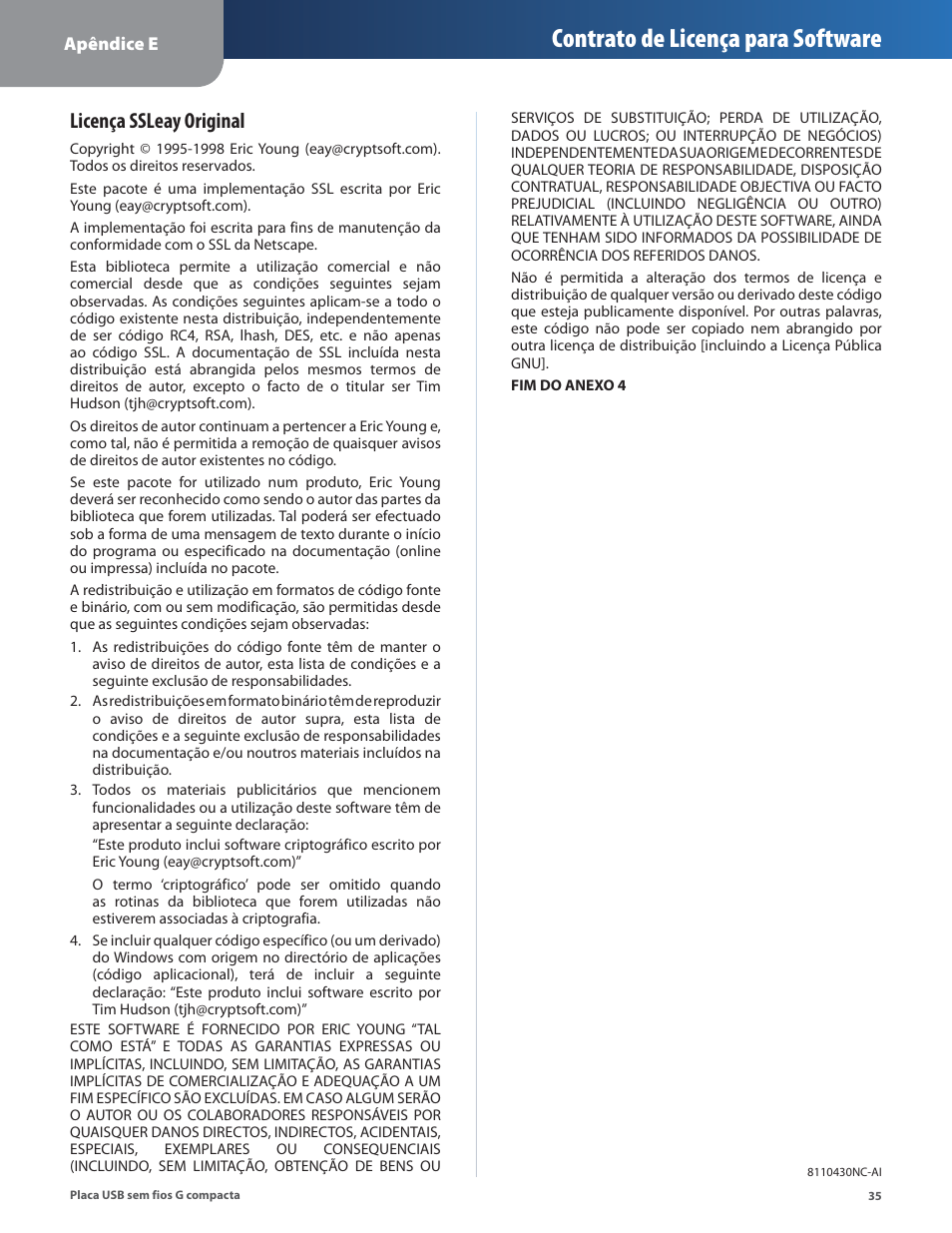 Contrato de licença para software, Licença ssleay original | Linksys WUSB54GC User Manual | Page 288 / 324