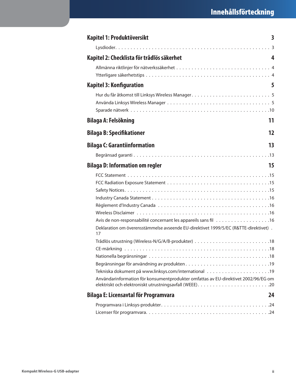 Innehållsförteckning | Linksys WUSB54GC User Manual | Page 291 / 324