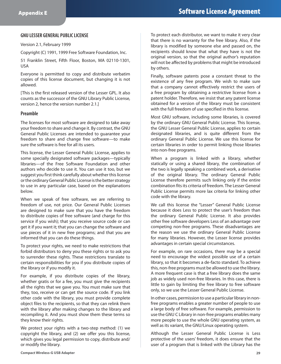 Software license agreement | Linksys WUSB54GC User Manual | Page 30 / 324