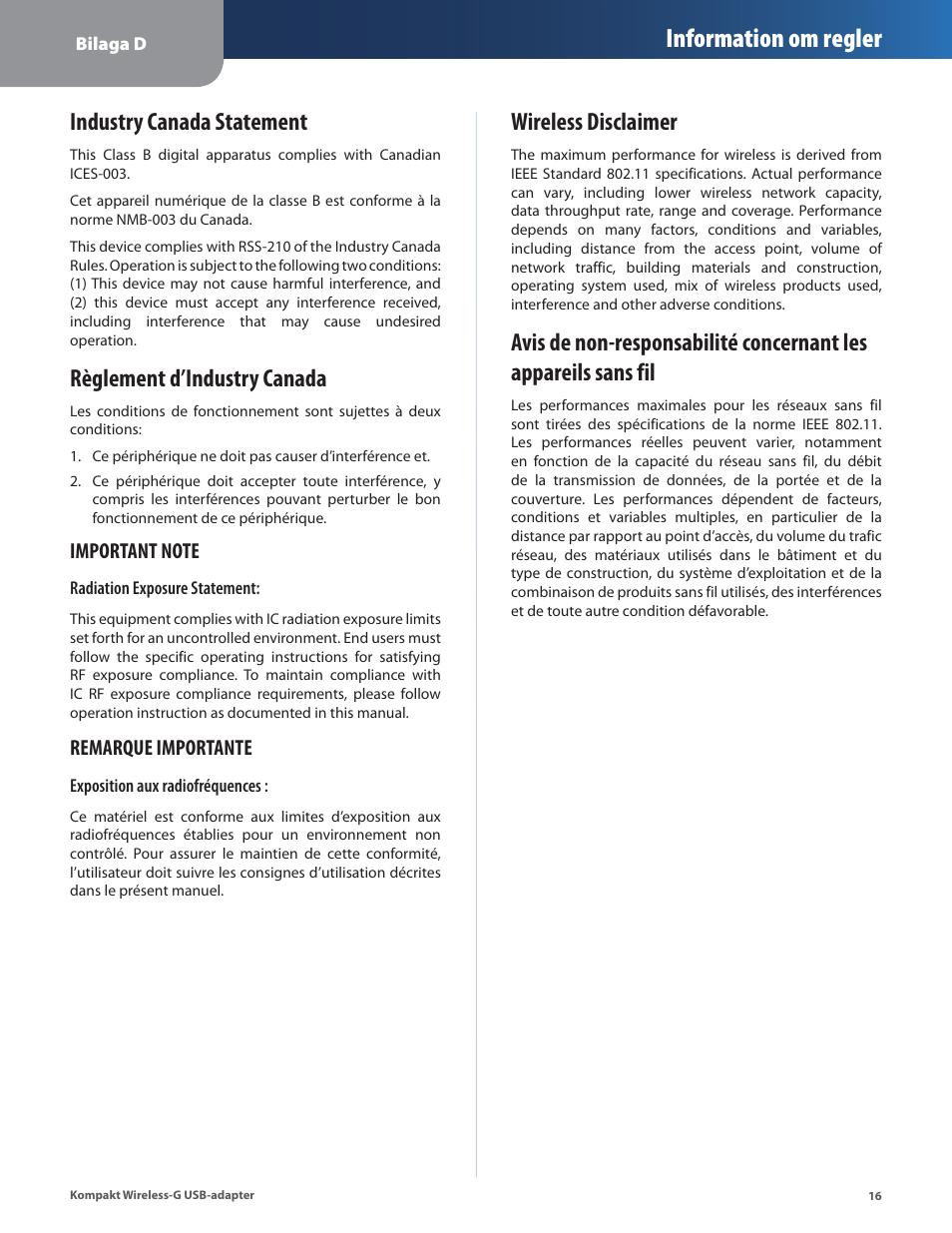 Industry canada statement, Règlement d’industry canada, Wireless disclaimer | Information om regler | Linksys WUSB54GC User Manual | Page 305 / 324