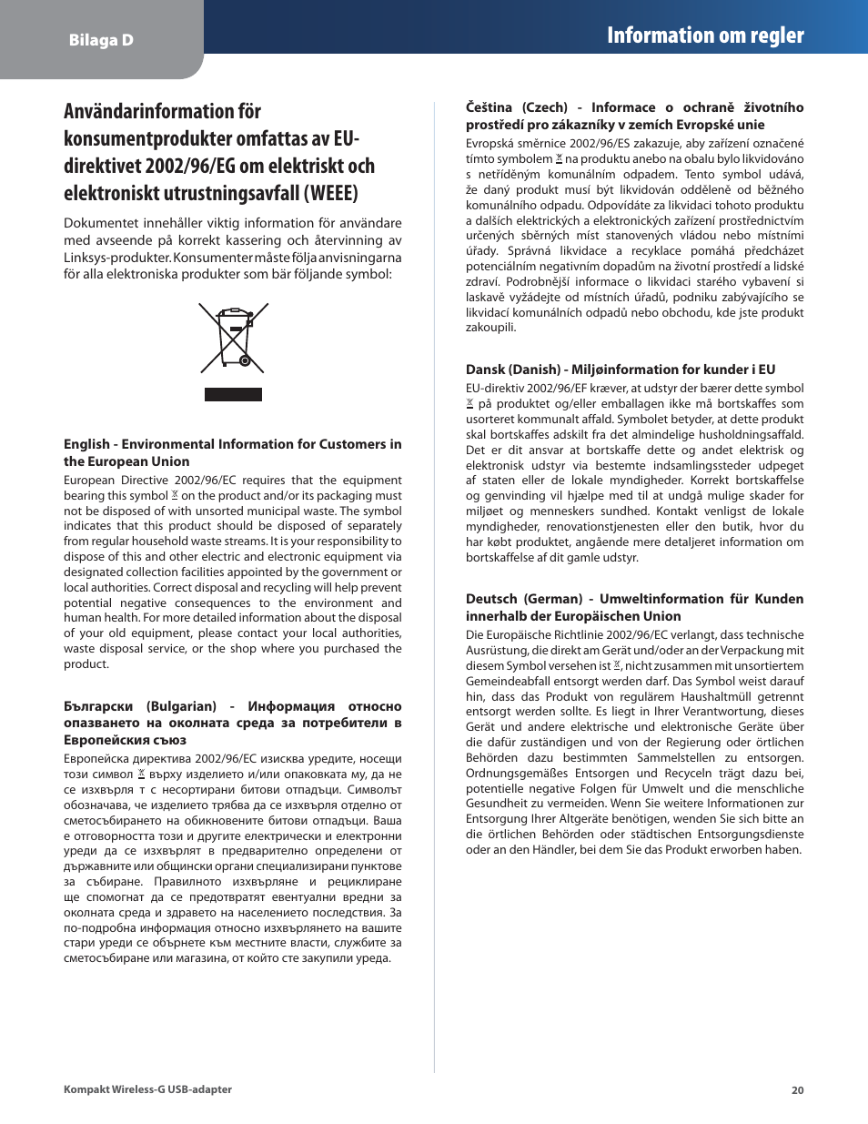 Information om regler | Linksys WUSB54GC User Manual | Page 309 / 324